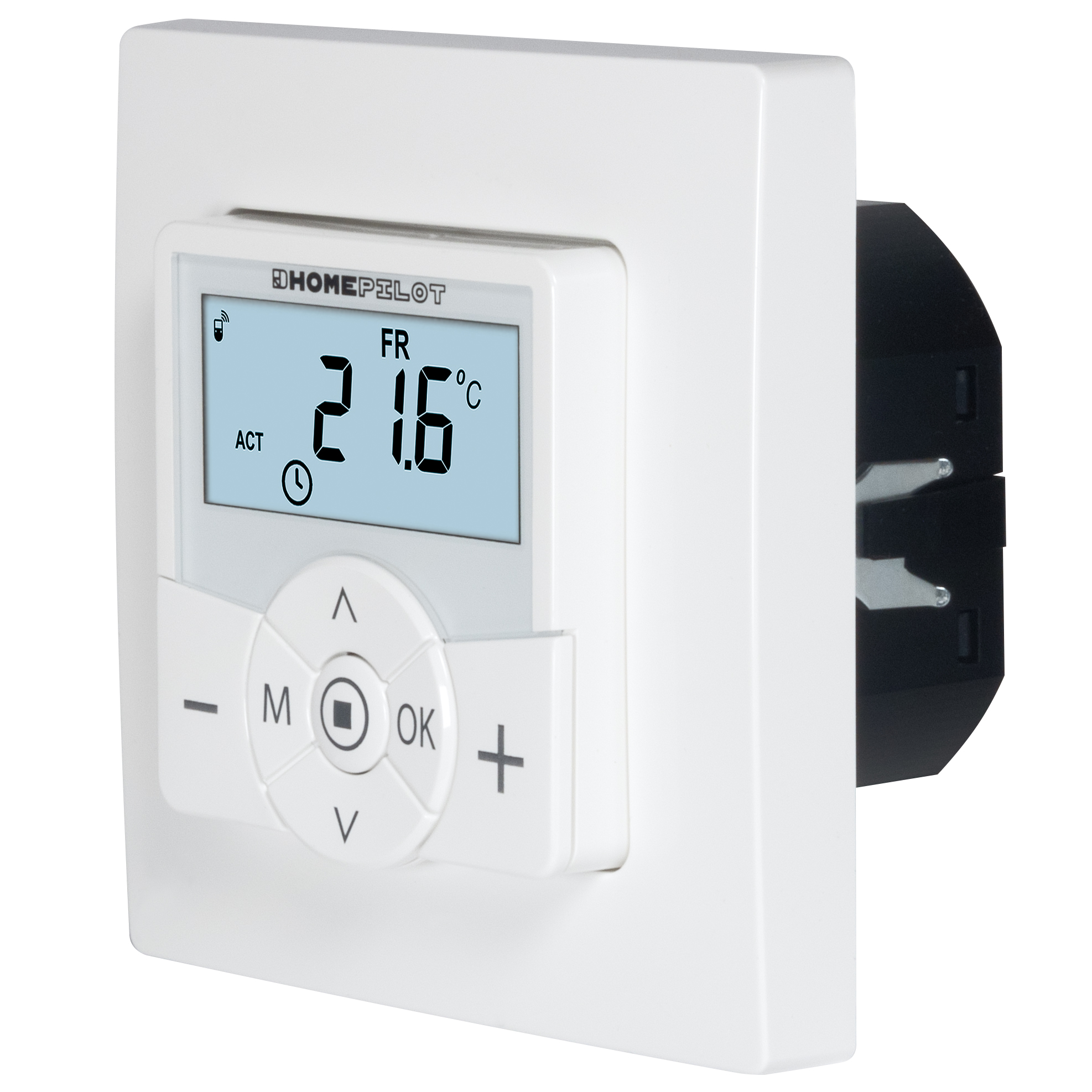 Ein weißes Wandthermostat mit digitaler Anzeige, die 21,6 Grad Celsius anzeigt.