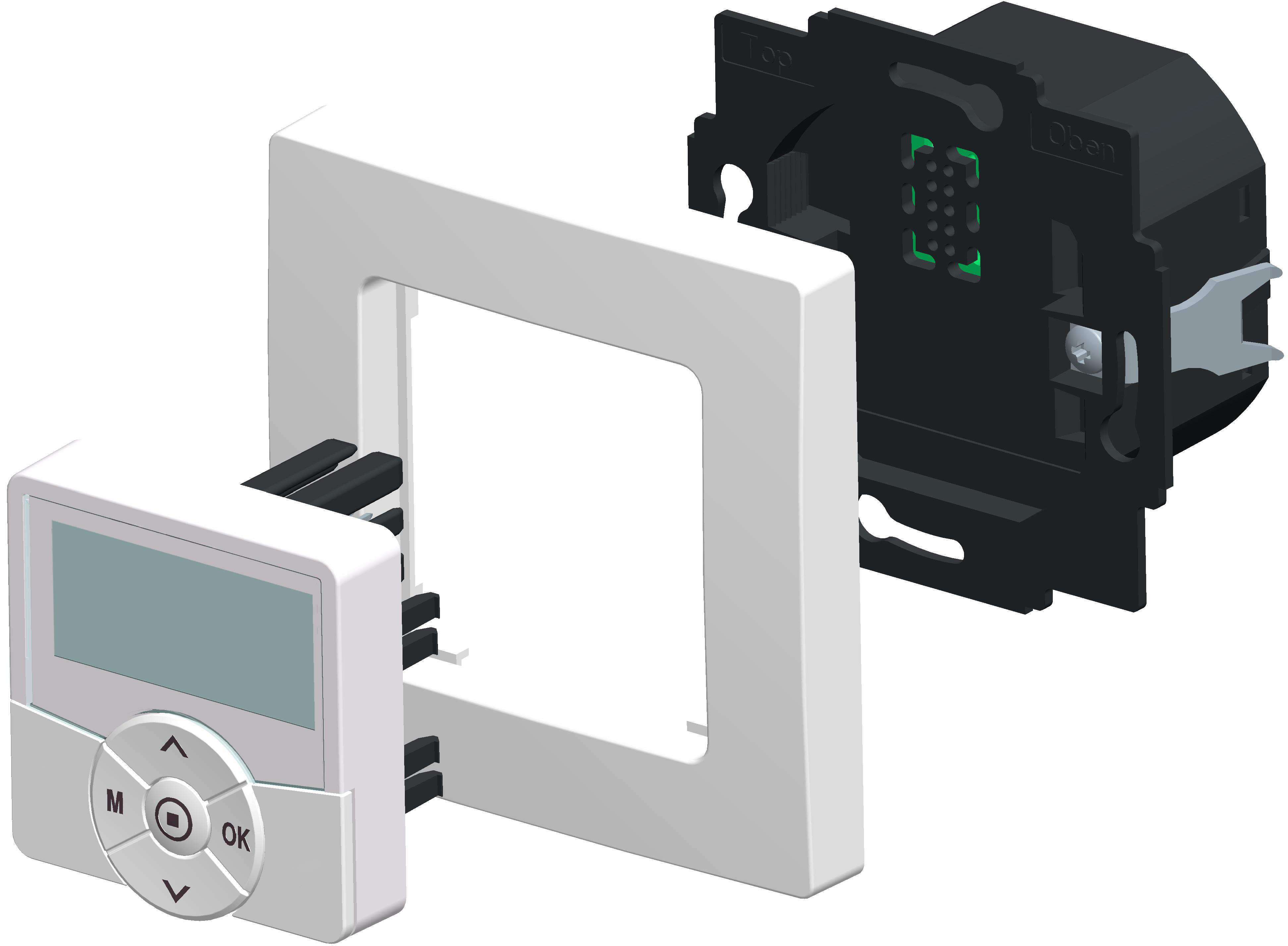 Zerlegter weißer Homepilot-Timer, der das Display, den Rahmen und die Montageteile zeigt.