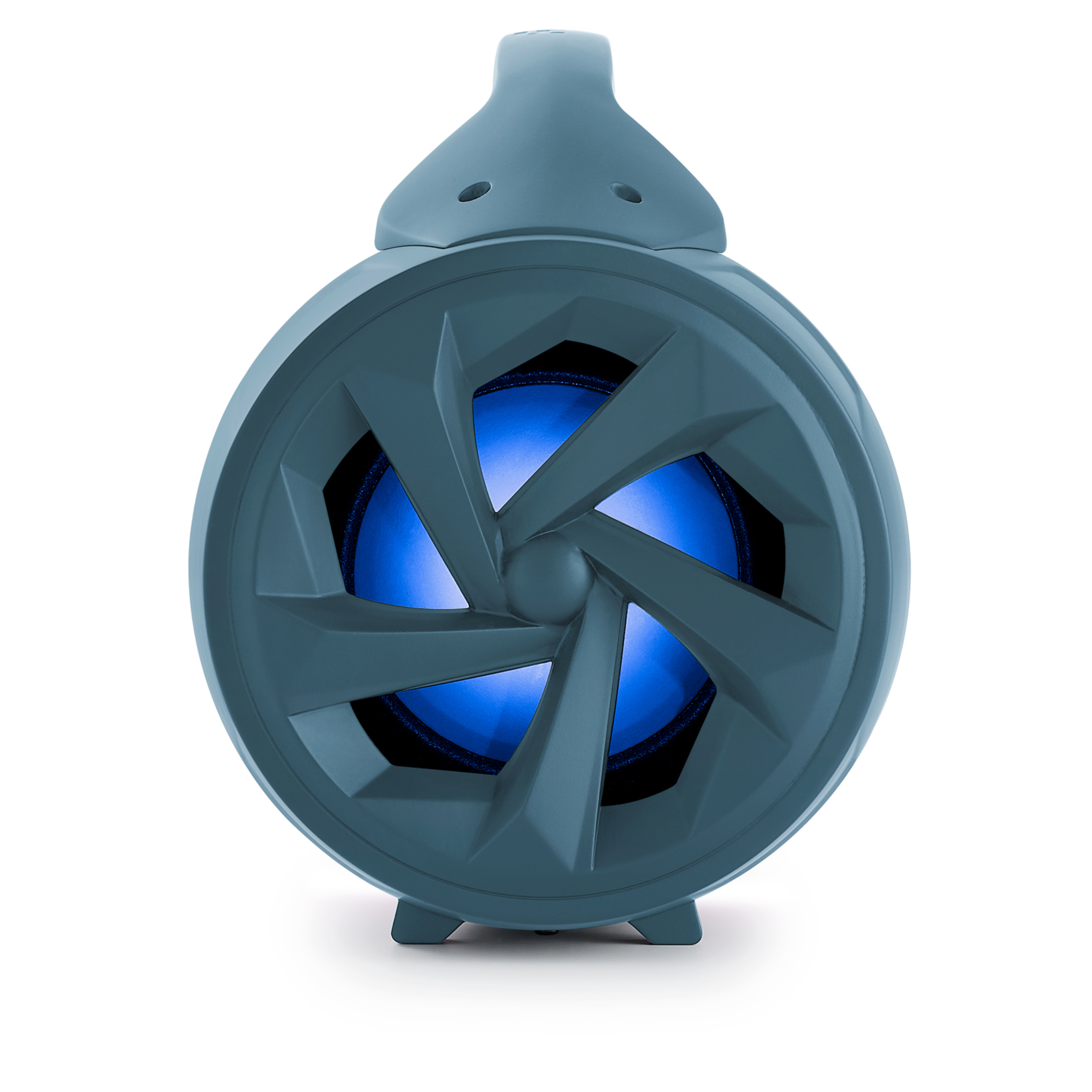 Turkusowy głośnik z wentylatorem i niebieskim światłem.