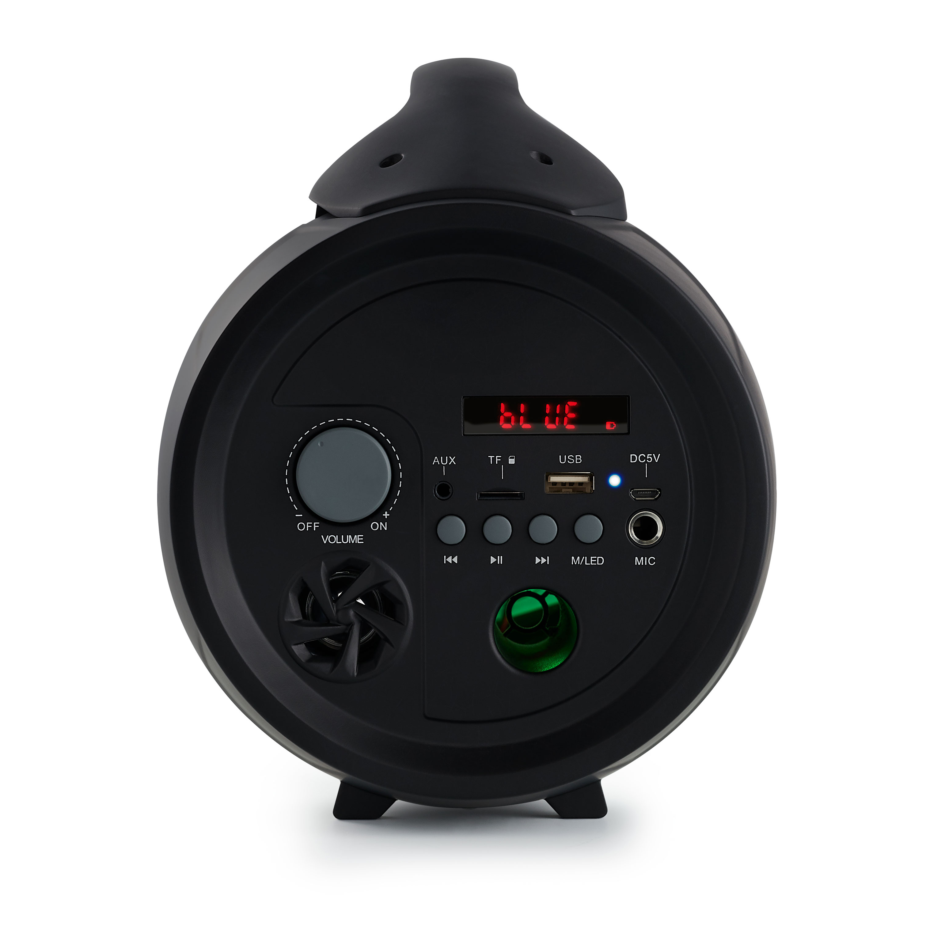 Czarny głośnik. Głośność i inne przyciski znajdują się z przodu.