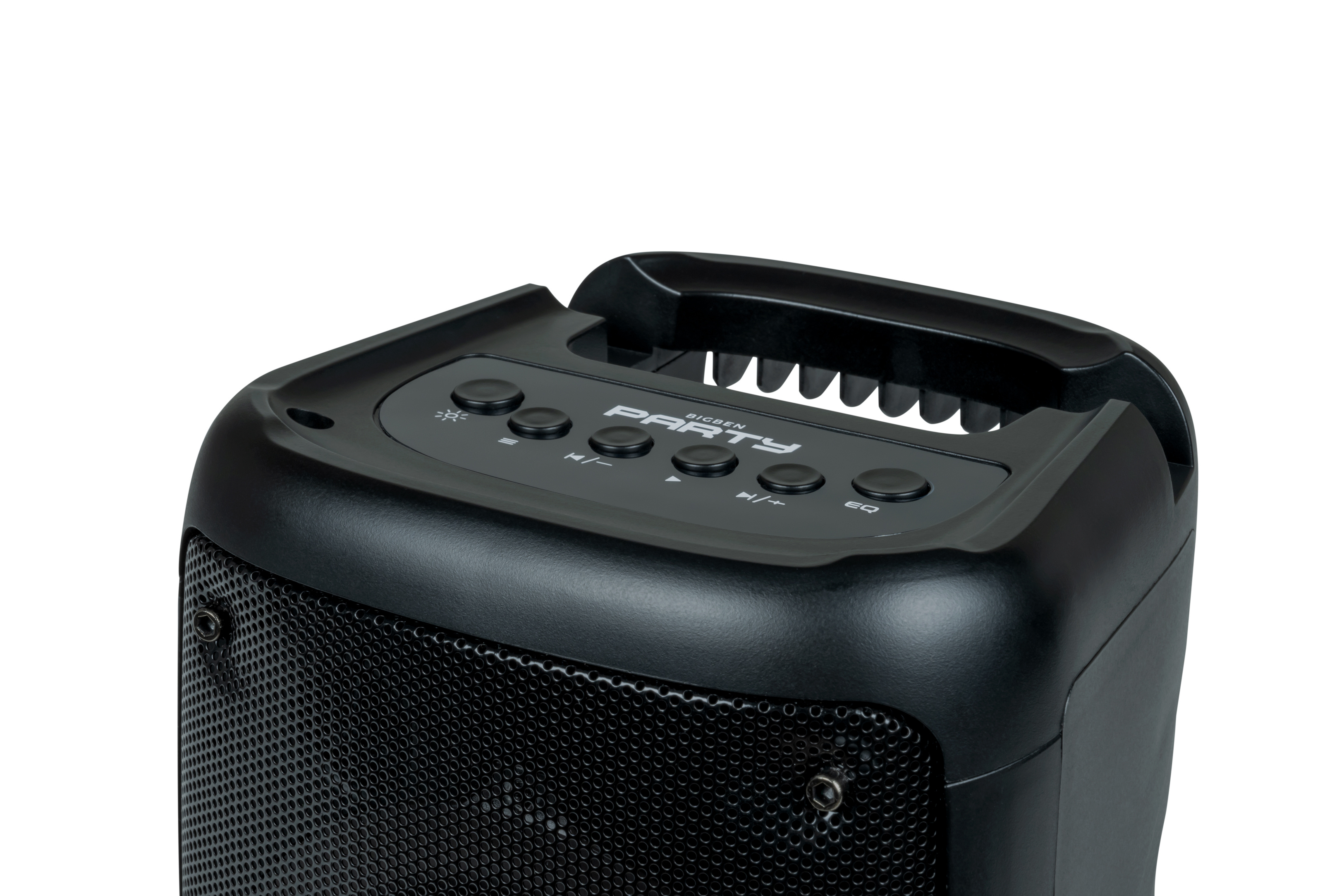 Czarny głośnik z panelem sterowania. Czarny głośnik. Białe tło.