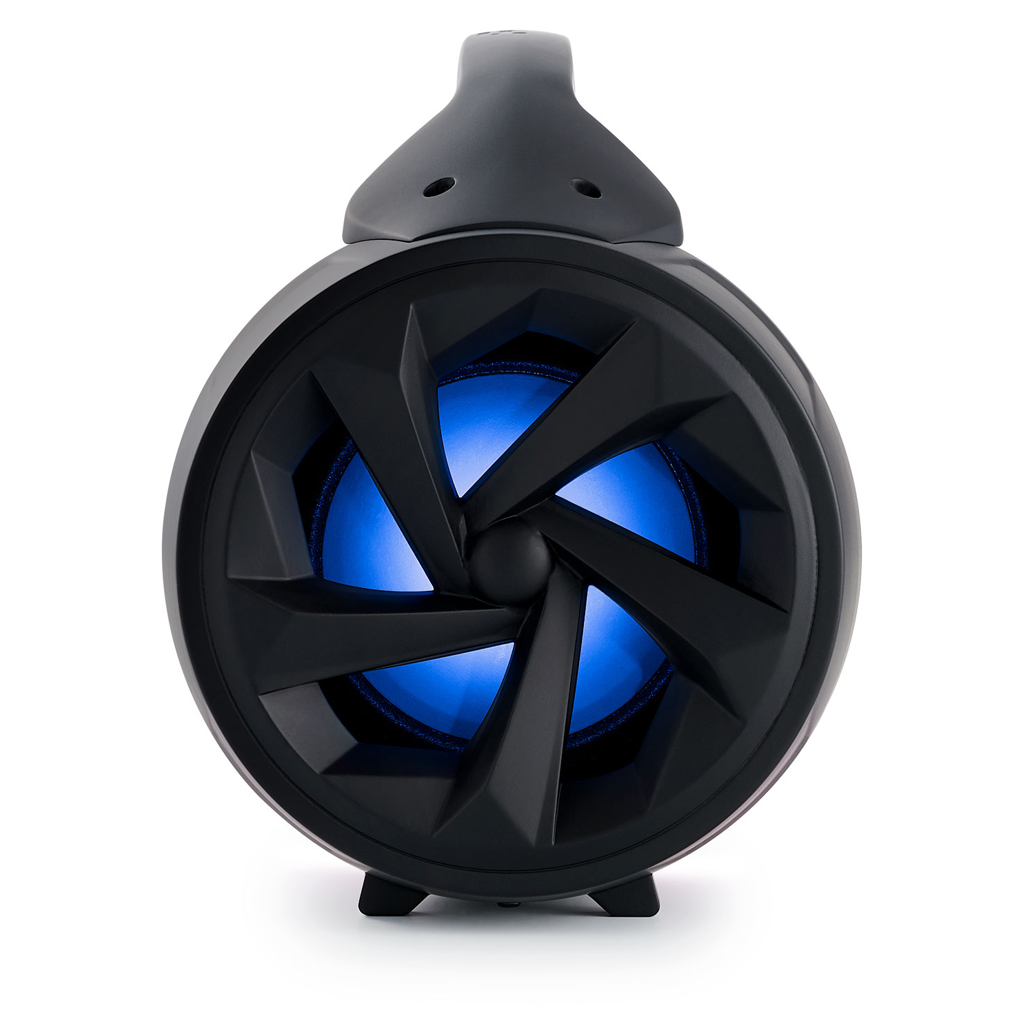 Czarny głośnik z niebieskim światłem, unikalny design, na białym tle.