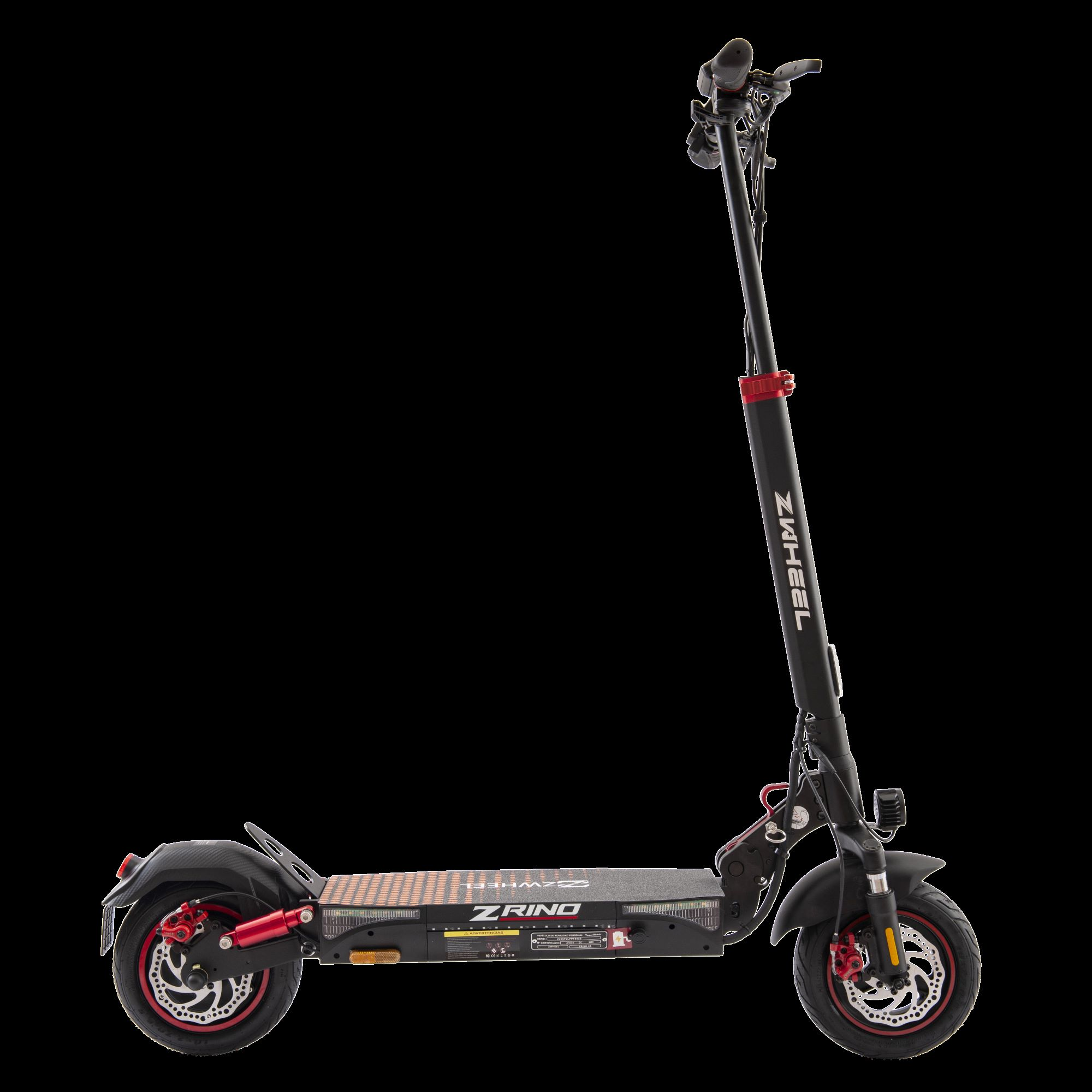 Patinete eléctrico ZWheel negro y rojo sobre un fondo negro. El patinete está inclinado hacia la derecha.