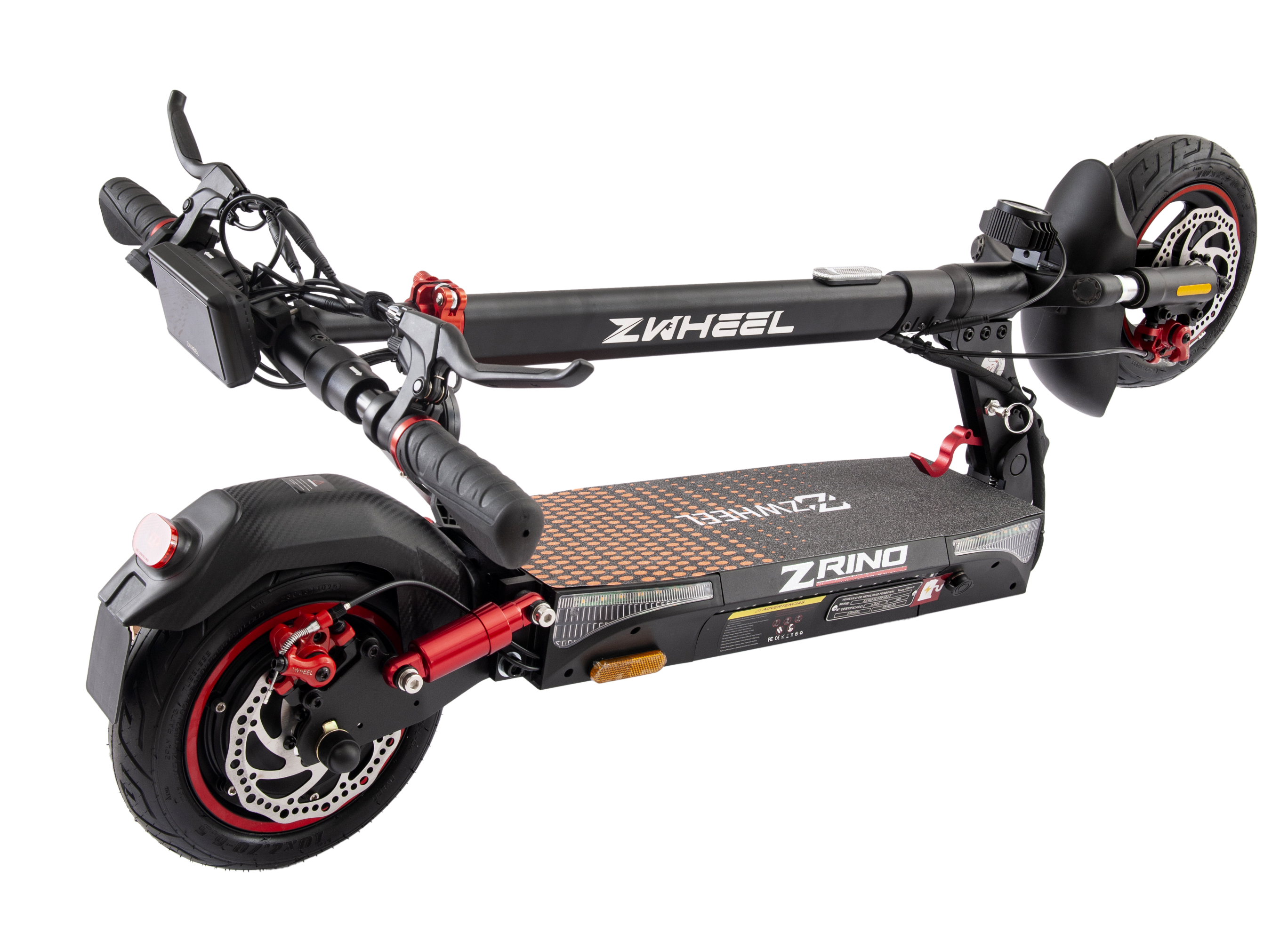 Scooter eléctrico negro y rojo desde arriba. Manillar, ruedas y plataforma son visibles sobre un fondo blanco.