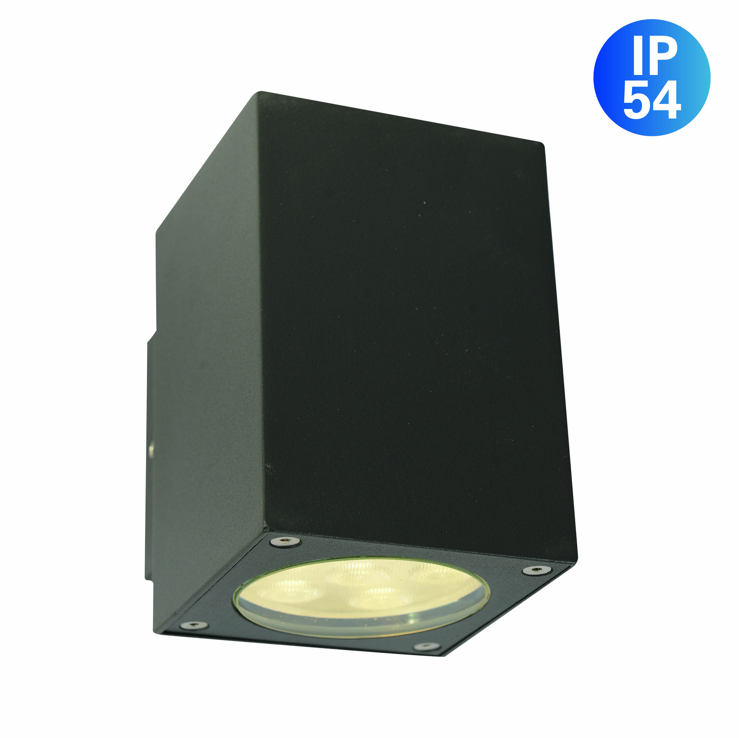 Schwarze quadratische Außenleuchte. Die Lampe hat einen kreisförmigen Lichtauslass. Das IP54-Symbol ist vorhanden.