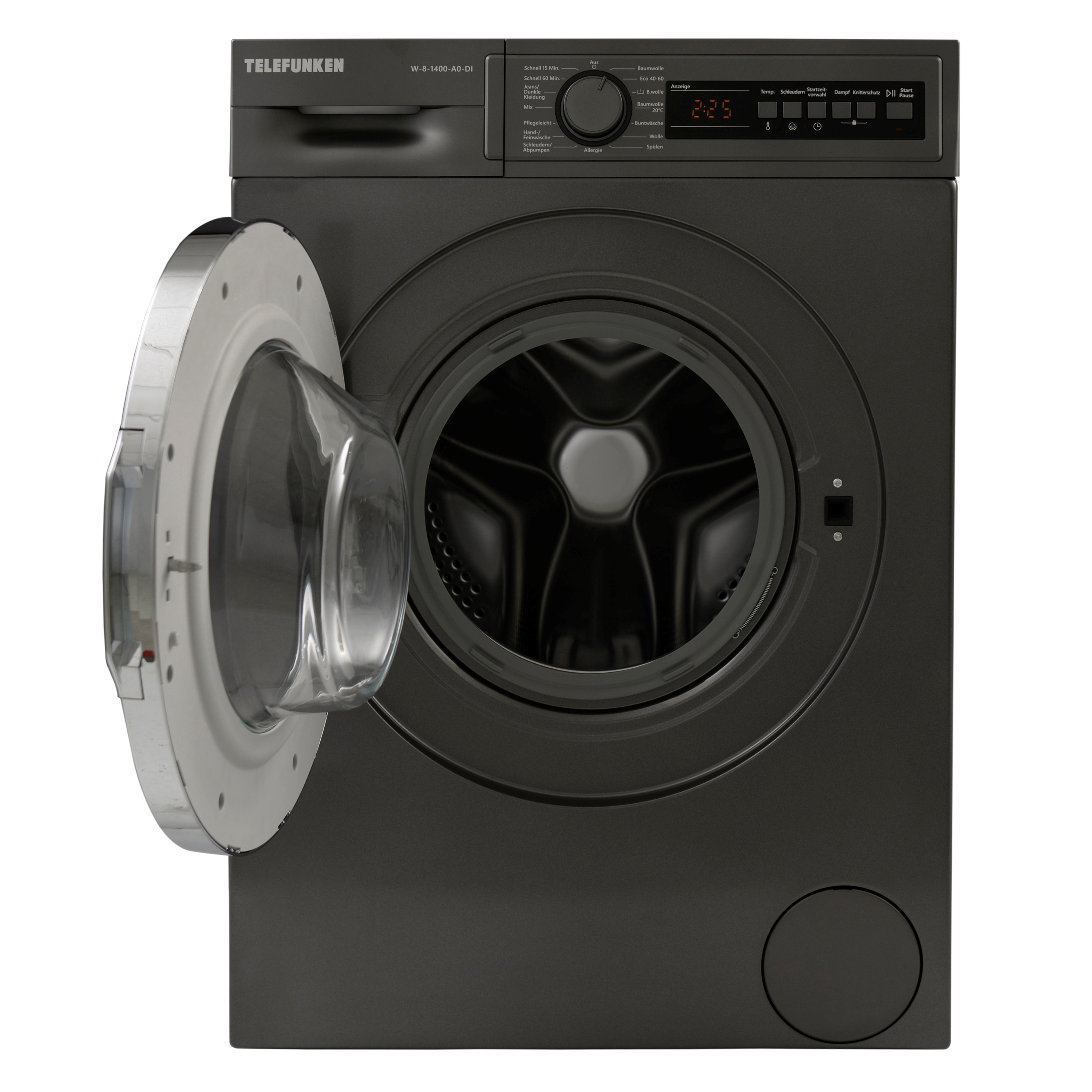 Eine Waschmaschine mit geöffneter Tür, die die Trommel zeigt, auf weißem Hintergrund.