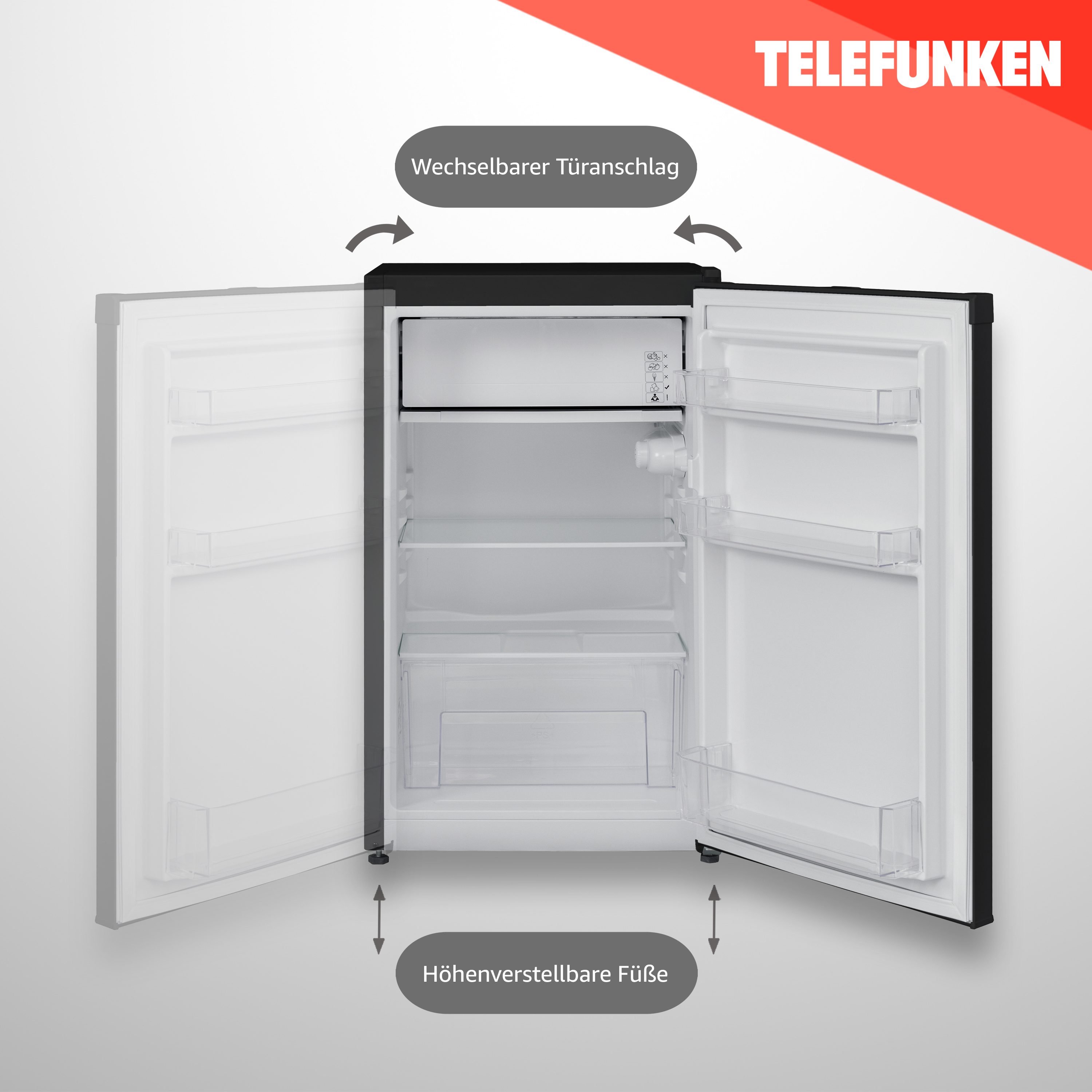 Ein offener Telefunken Mini-Kühlschrank mit verstellbaren Füßen und wechselbaren Türscharnieren.