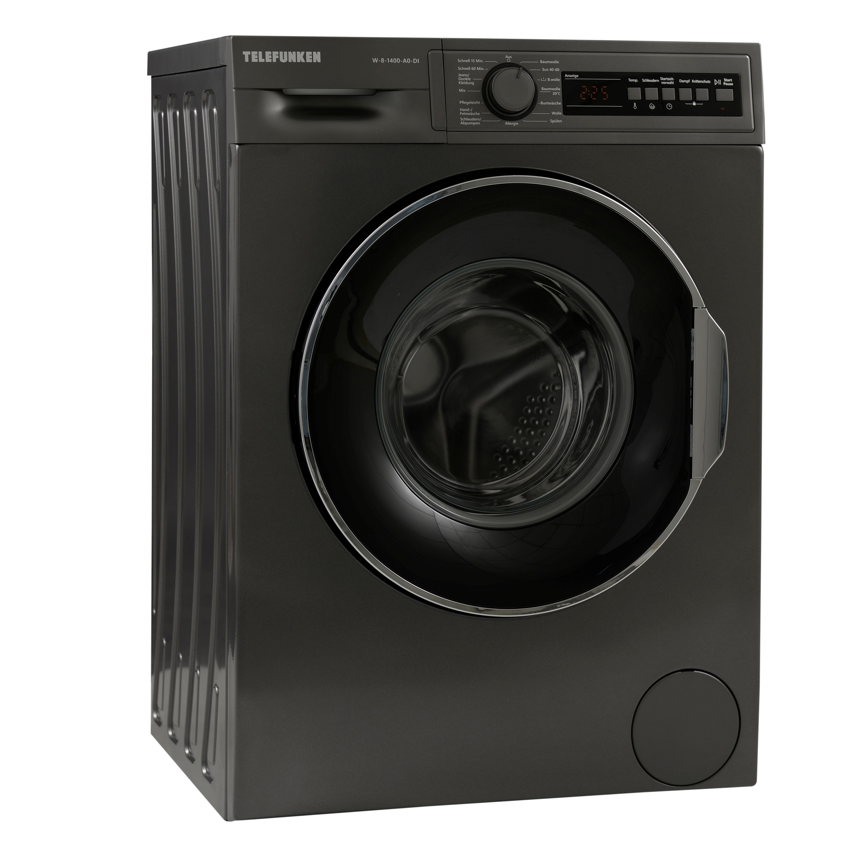 Eine schwarze Telefunken Waschmaschine auf weißem Hintergrund, von der Seite betrachtet.