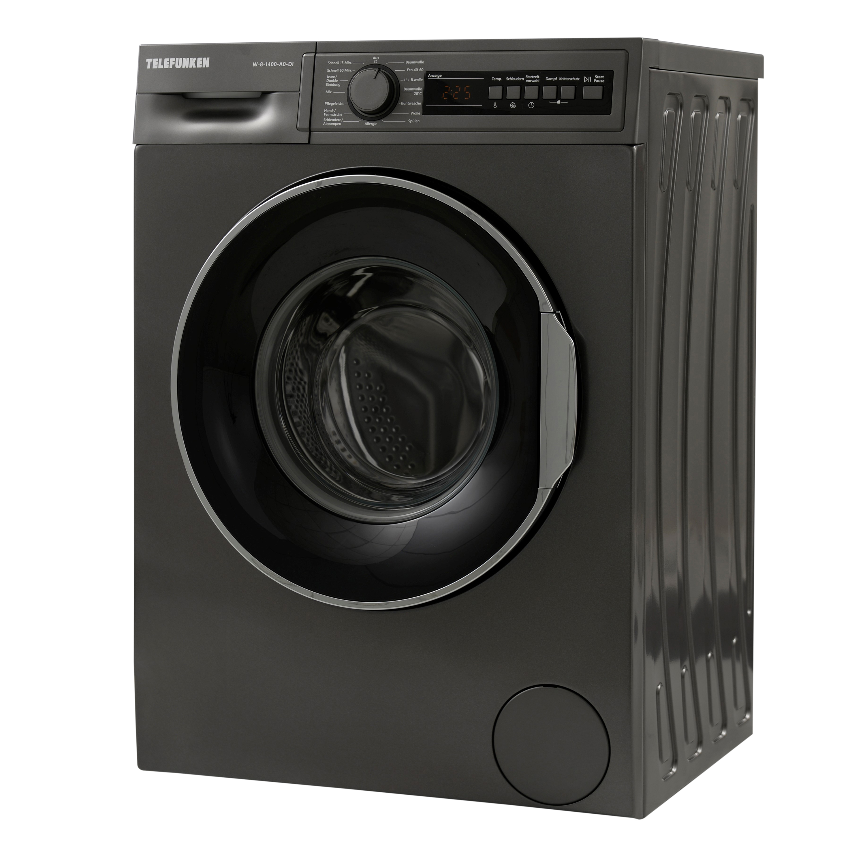 Eine schwarze Telefunken Waschmaschine, leicht zur Seite geneigt, mit dunkler Tür und Bedienfeld.