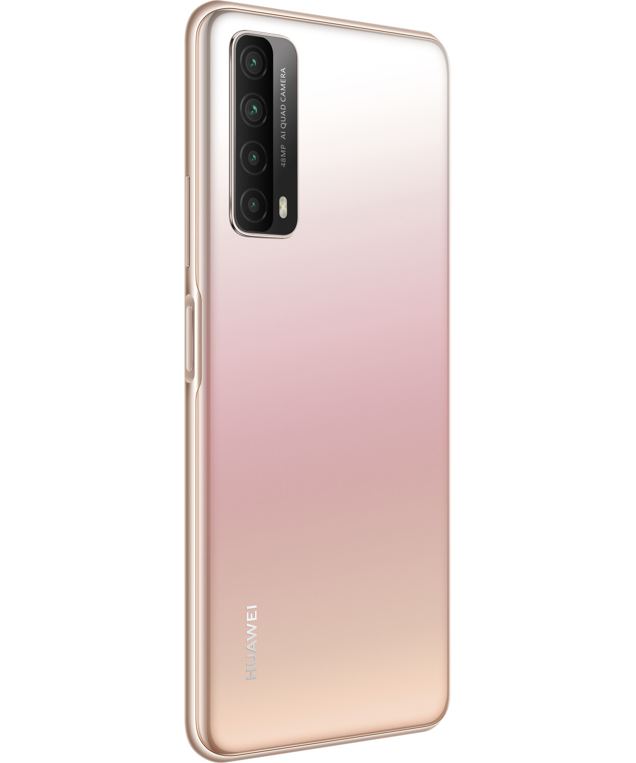 Ein roségoldenes Huawei-Handy, Rückansicht, mit vier Kameras und einem weißen Farbverlauf auf der Rückseite.