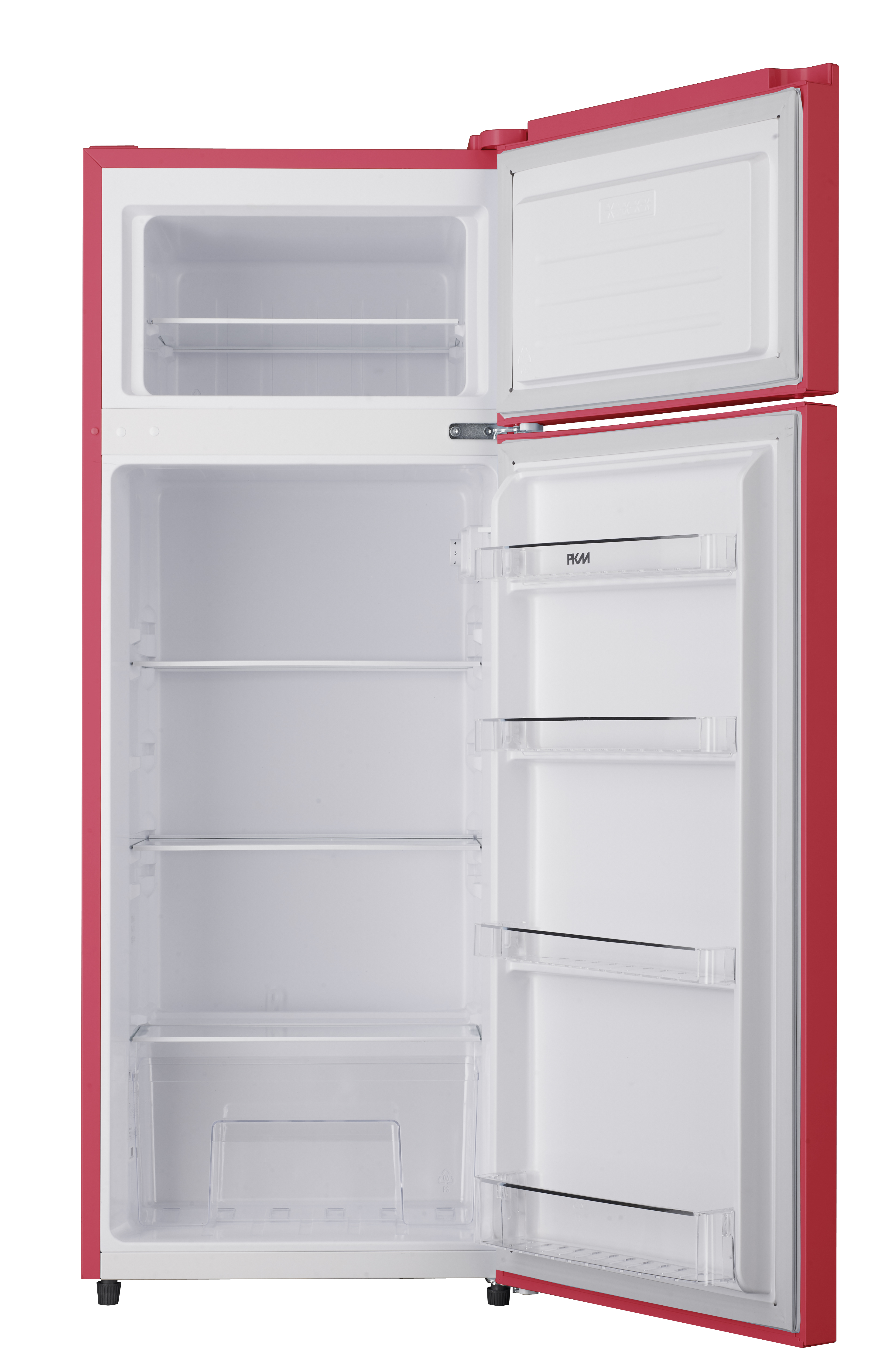 Roter und weißer Kühlschrank mit offener Tür, zeigt Regale und Fächer.