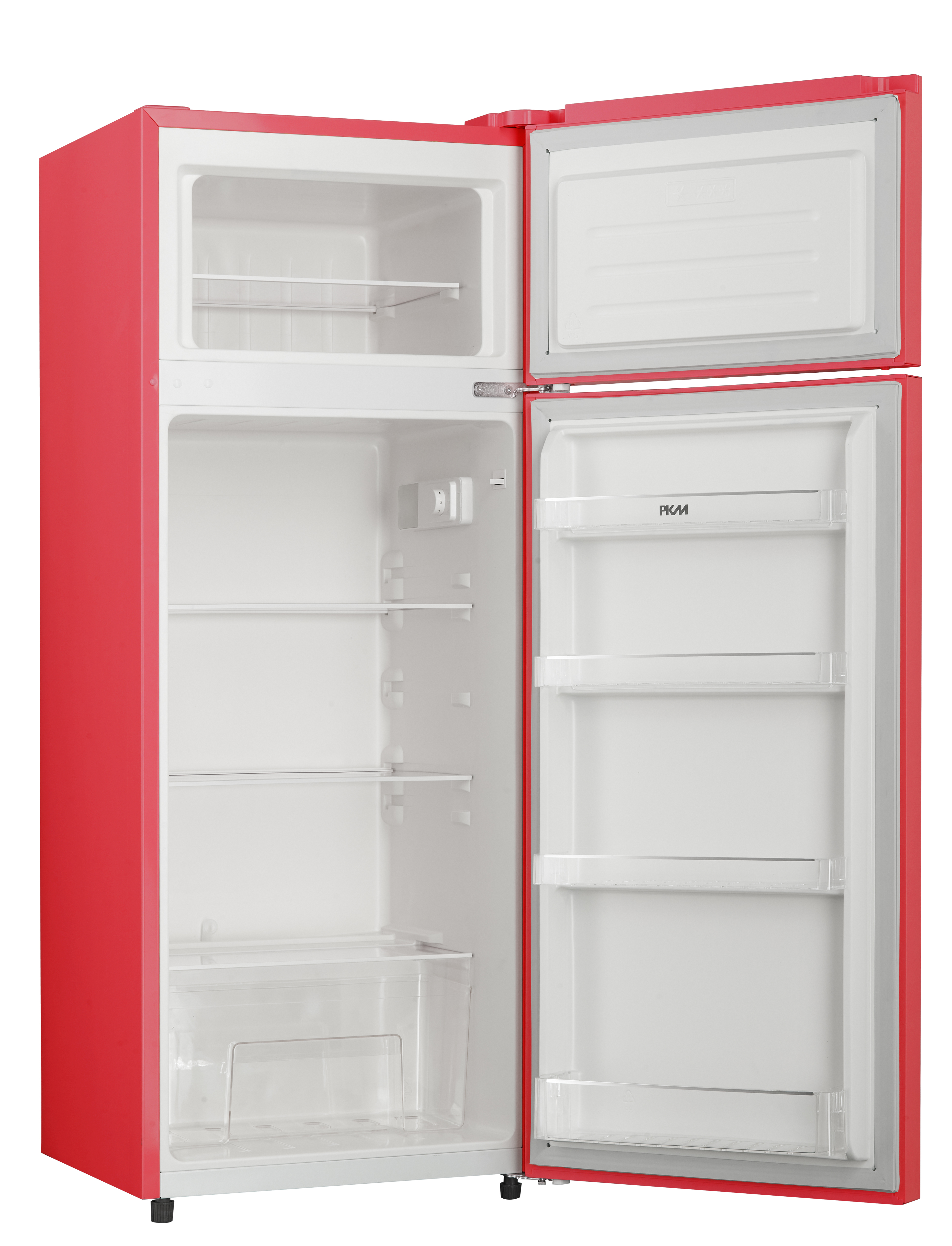 Ein roter Kühlschrank mit geöffneten Türen, der weiße Innenregale und Fächer zeigt.