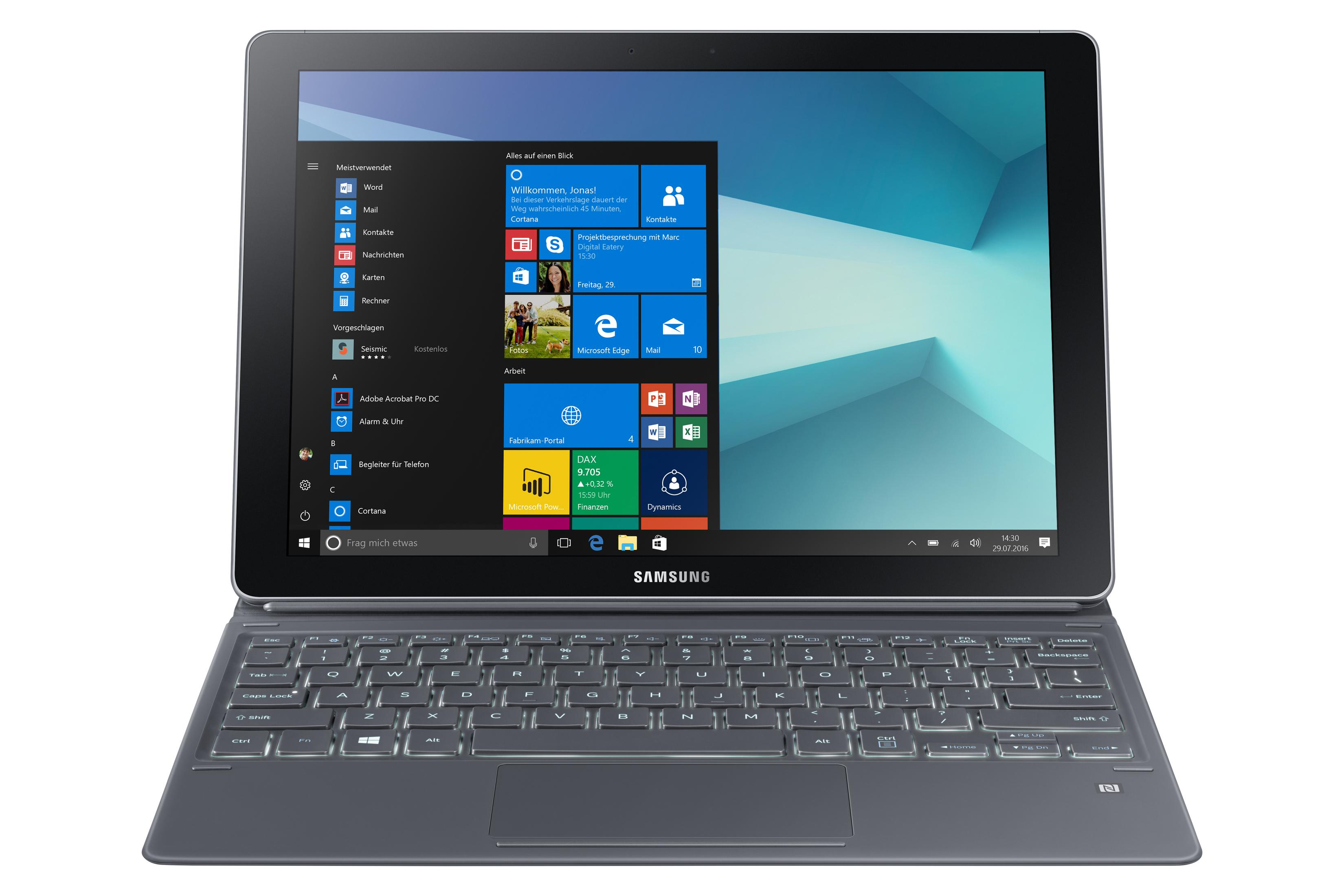 Ein Tablet mit Tastatur, das eine Windows-Oberfläche anzeigt.