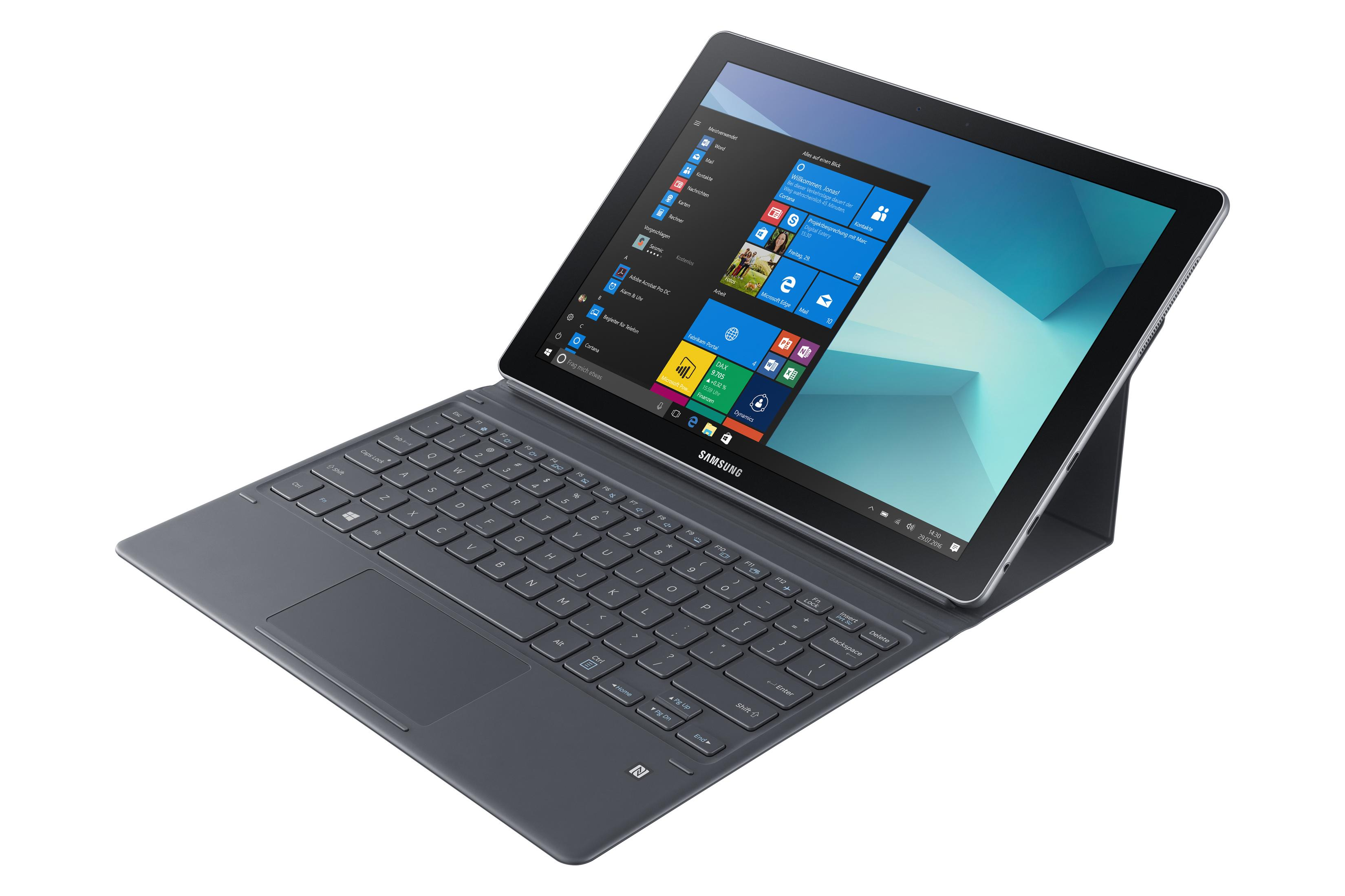 Ein Tablet mit angeschlossener Tastatur, eingeschaltet. Der Bildschirm zeigt das Windows-Startmenü an.
