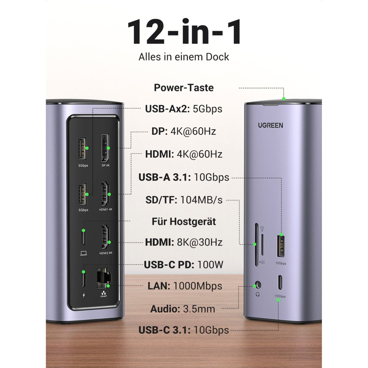 UGREEN USB-C Multifunctional Docking Station silber Docking Station, (12-in-1)