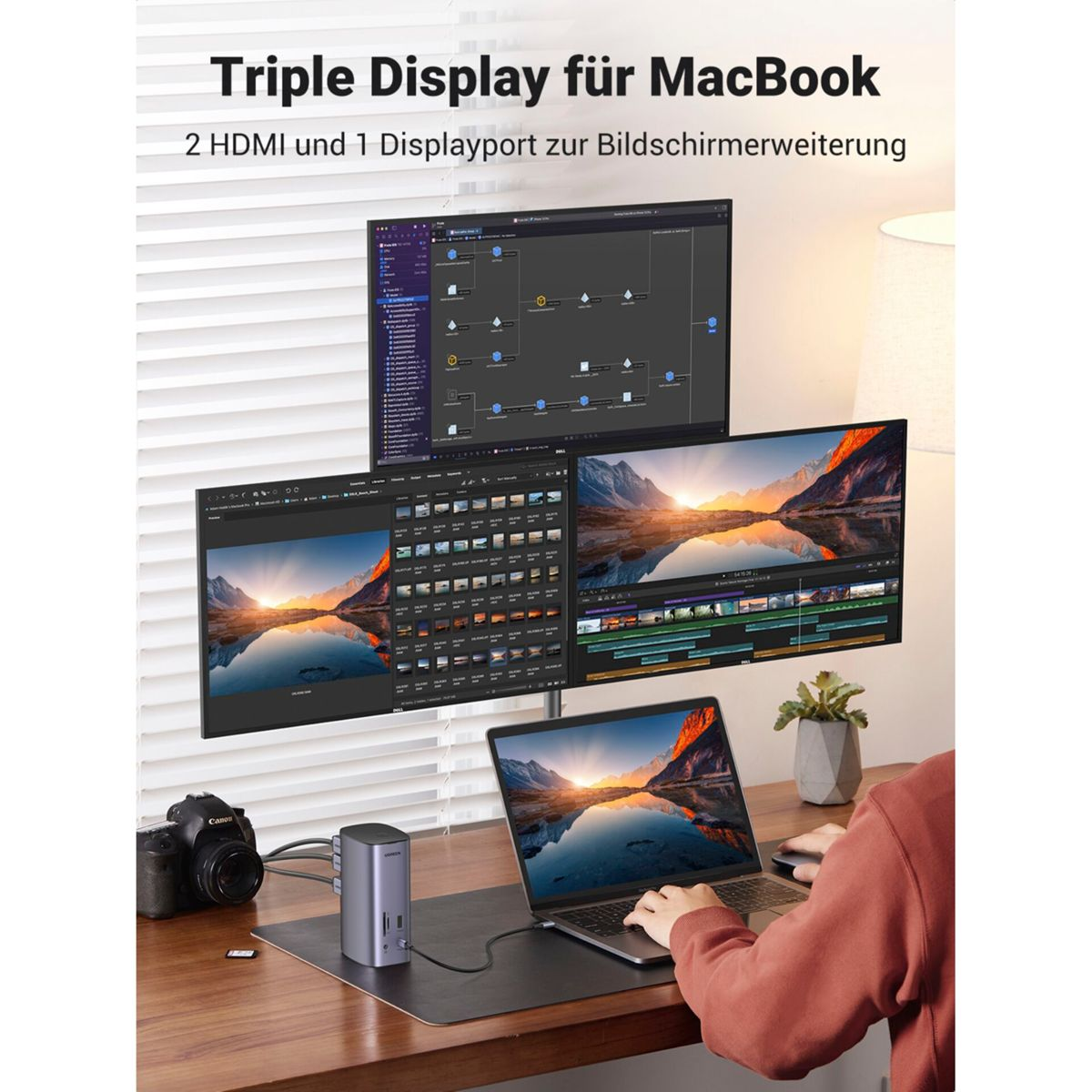 Osoba korzystająca z laptopa. Trzy ekrany wyświetlające dane. Aparat i hub na biurku.