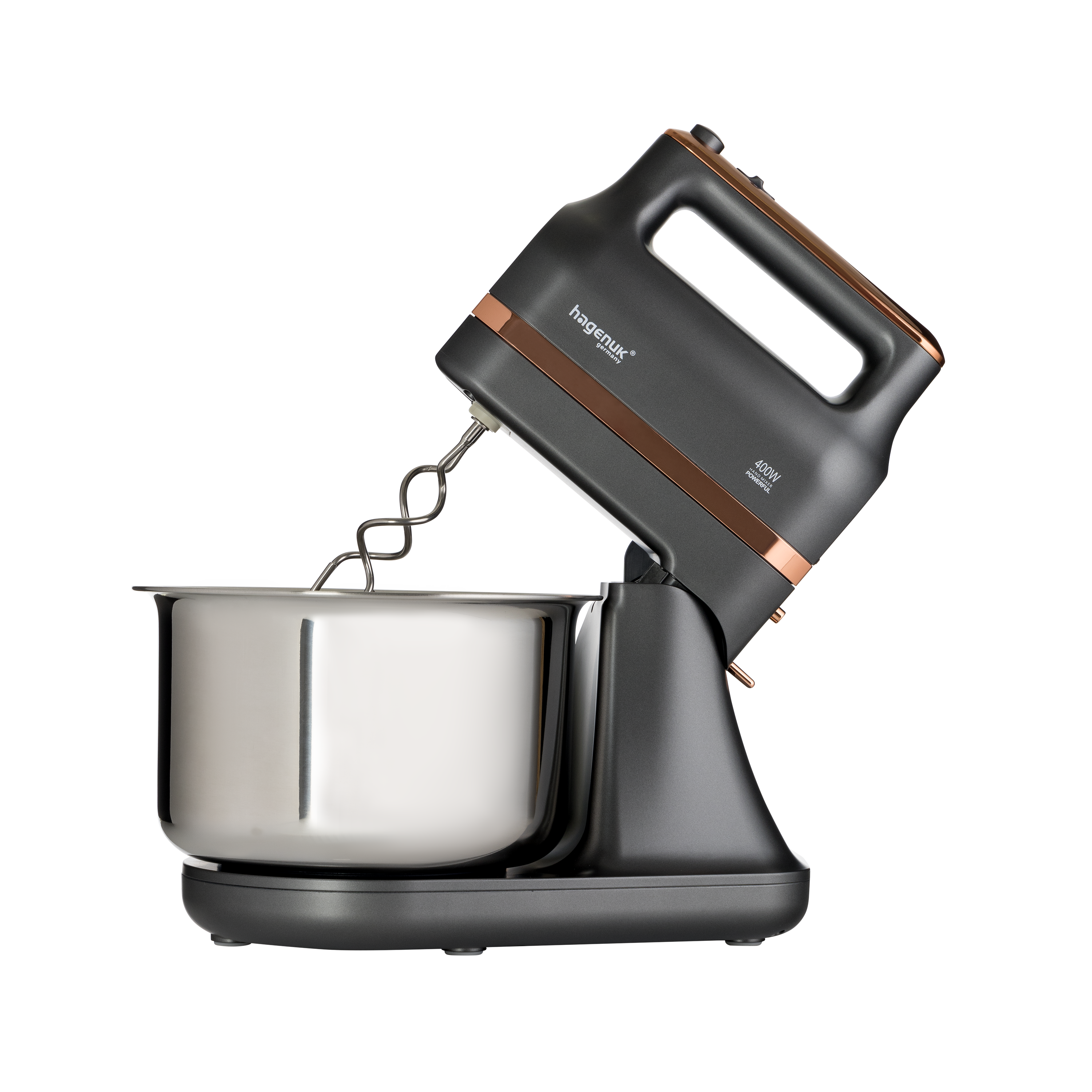 Ein schwarzer und kupferfarbener Küchenmixer mit Edelstahlschüssel.