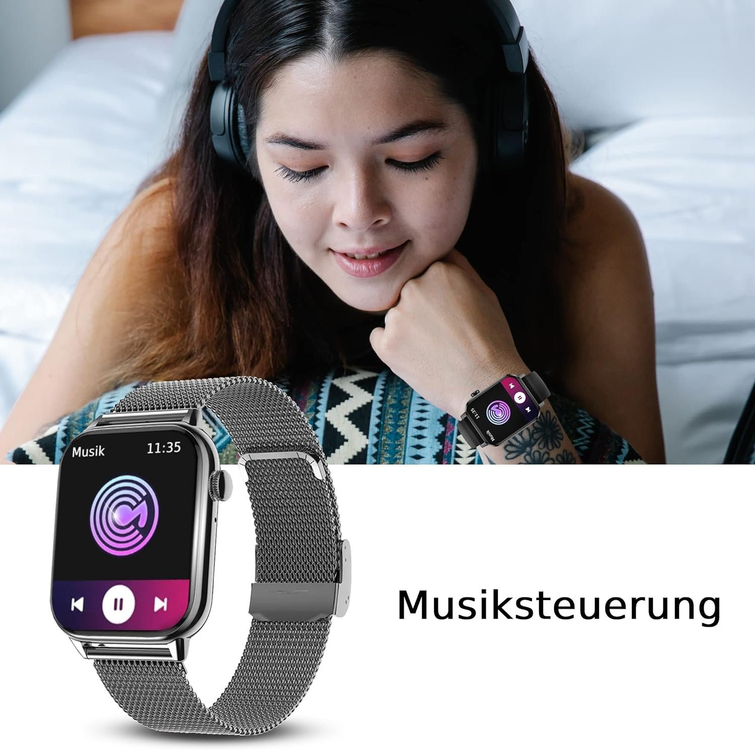 Armbänd DINITECH 1x Fitness Smartwatch Armbanduhr Sportuhr Legierung Edelstahl, Schwarz Tracker