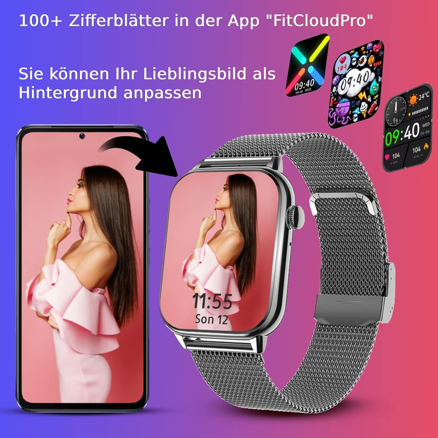 Armbänd DINITECH 1x Fitness Smartwatch Armbanduhr Sportuhr Legierung Edelstahl, Schwarz Tracker
