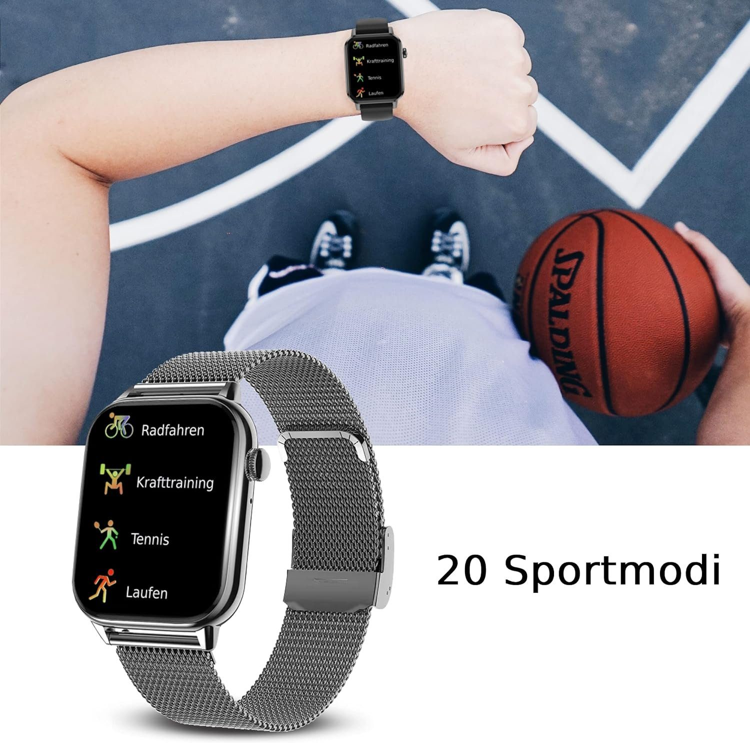 DINITECH Fitness Tracker Sportuhr Edelstahl, Legierung Armbänd Smartwatch Schwarz 1x Armbanduhr