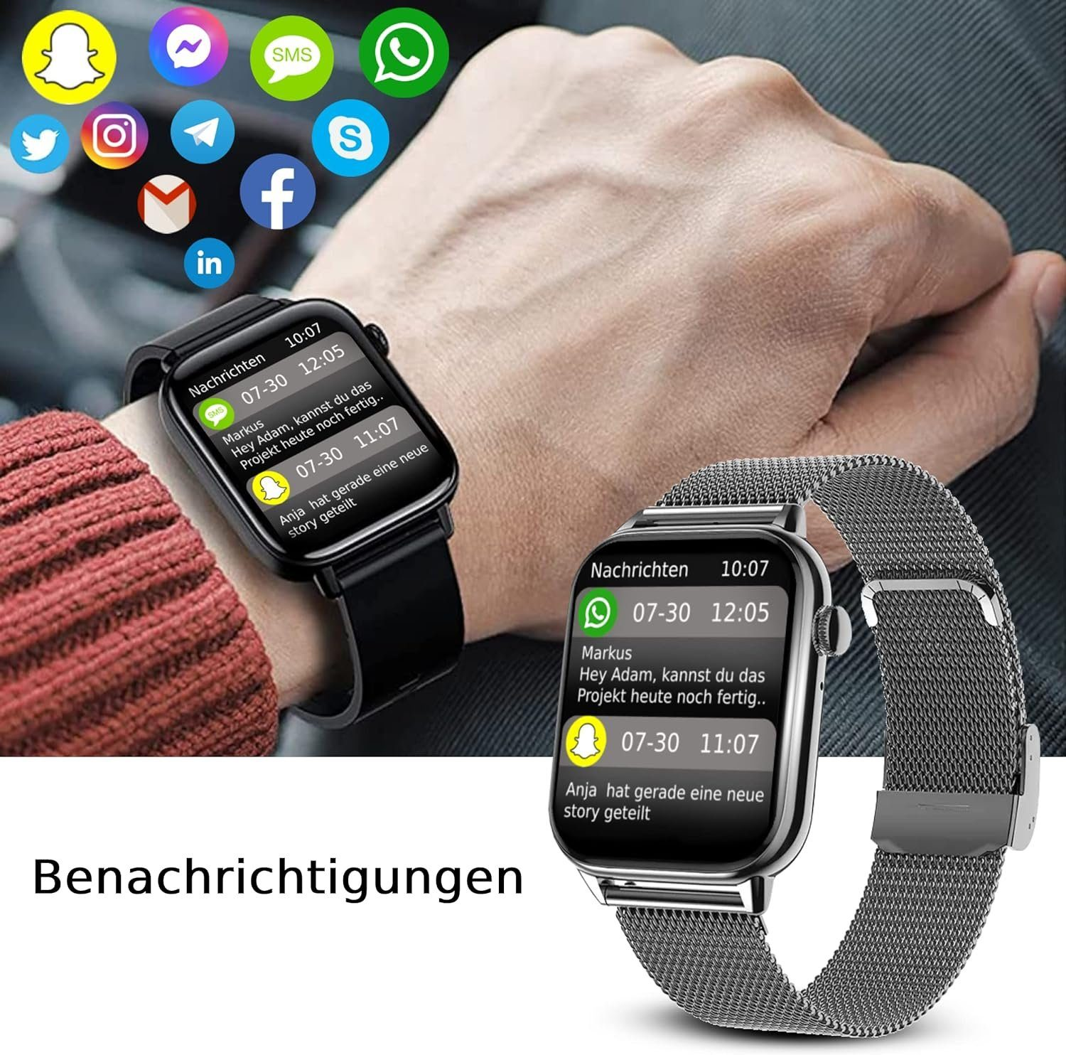 DINITECH Fitness Tracker Sportuhr Edelstahl, Legierung Armbänd Smartwatch Schwarz 1x Armbanduhr