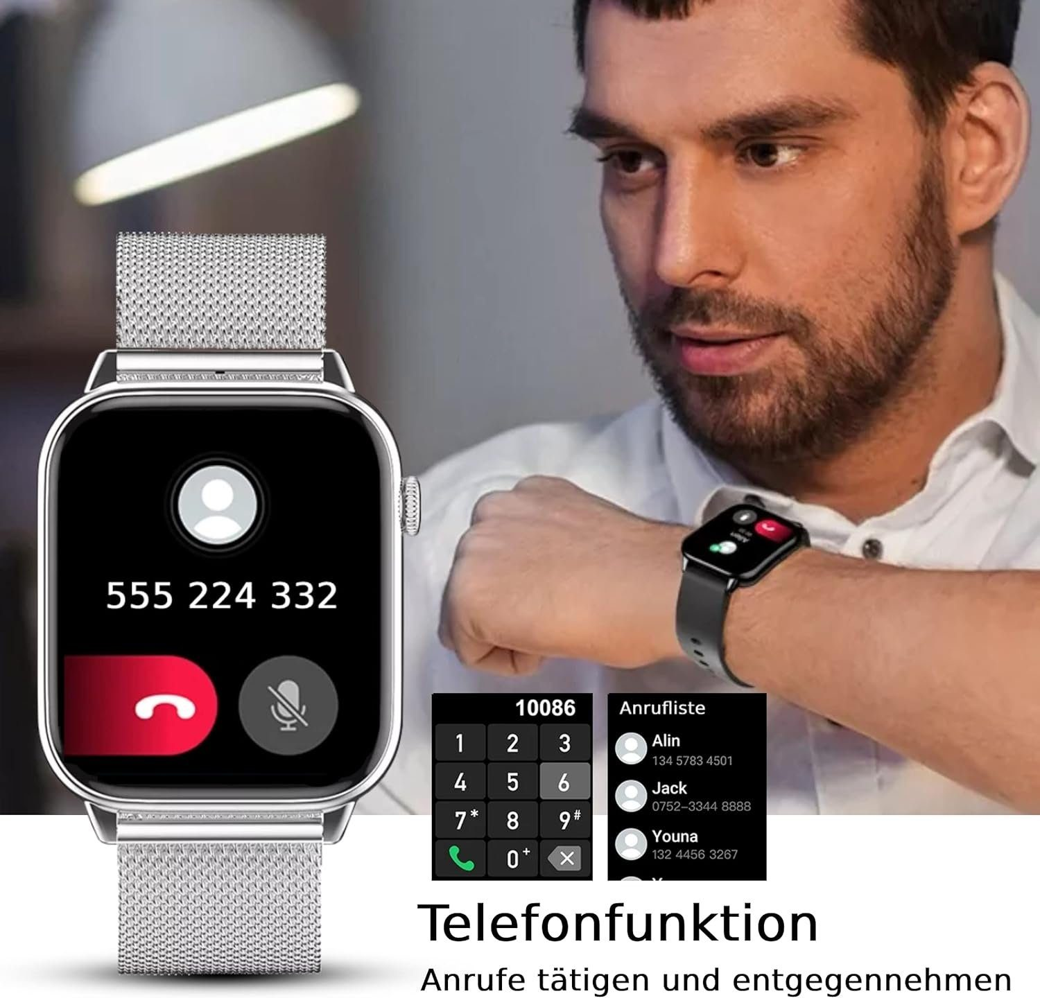 DINITECH Fitness Sportuhr Legierung Smartwatch Silber Armbänd Tracker Edelstahl, Armbanduhr 1x