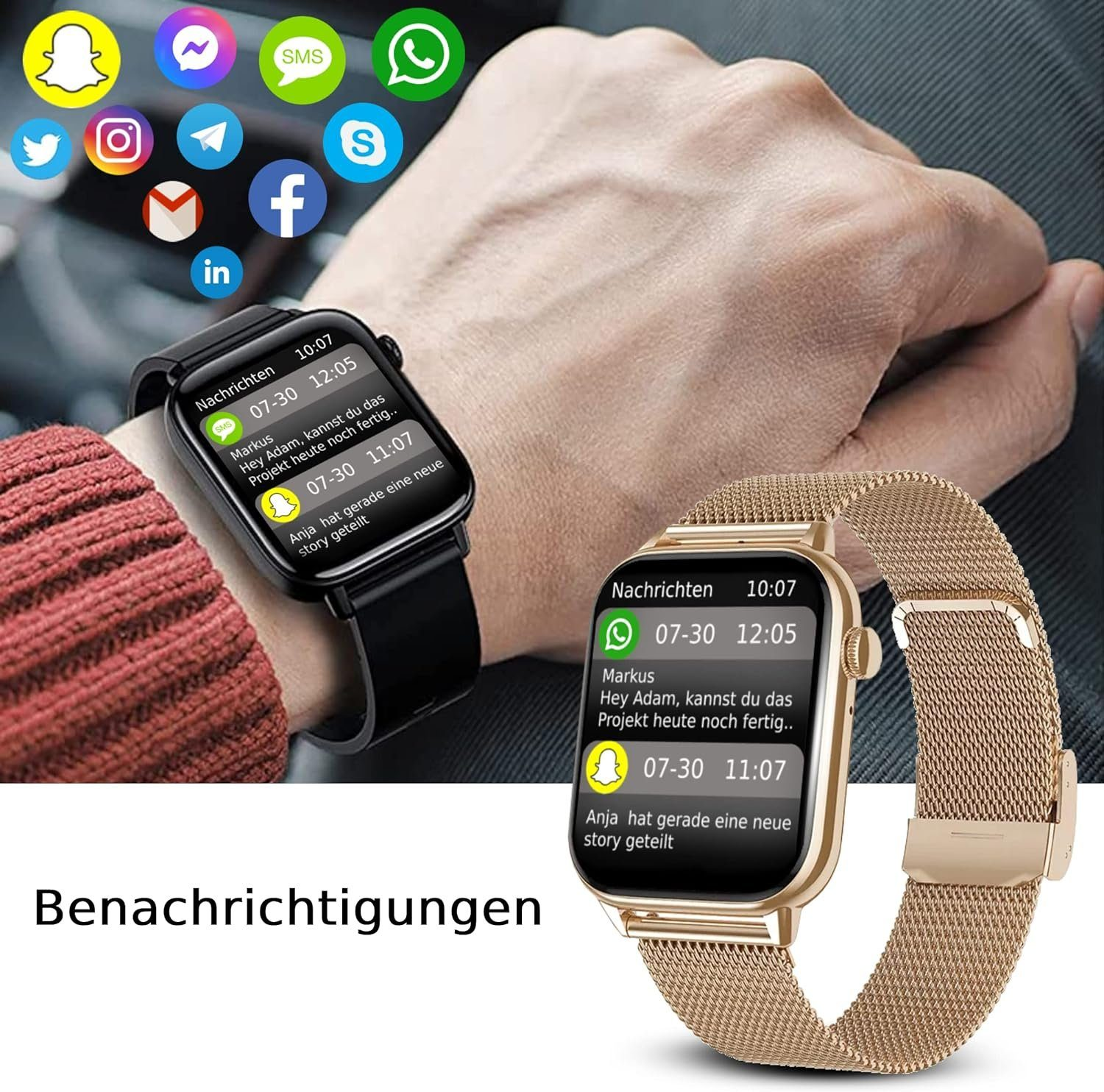 DINITECH Fitness Tracker Sportuhr Armbanduhr Legierung Armbänd Gold Edelstahl, 1x Smartwatch