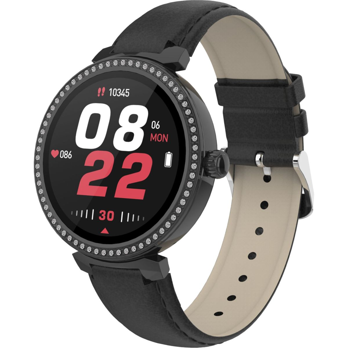 Schwarze Smartwatch mit schwarzem Lederarmband, rundes Zifferblatt mit Digitalanzeige.