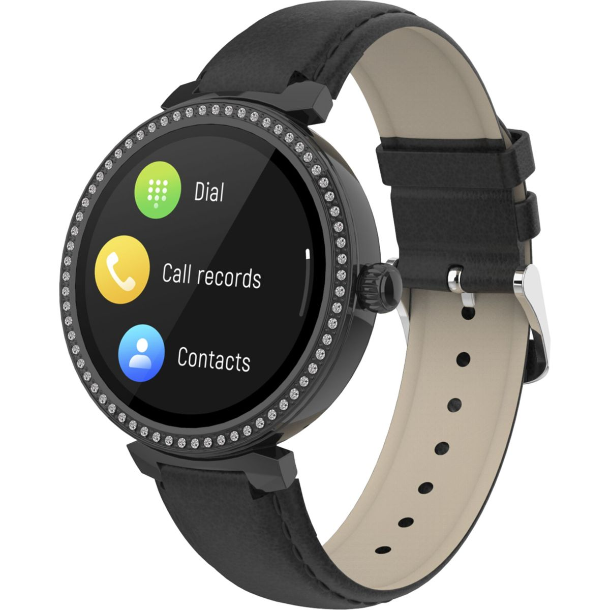 Smartwatch mit schwarzem Lederarmband, zeigt Zifferblatt, Kontakte.
