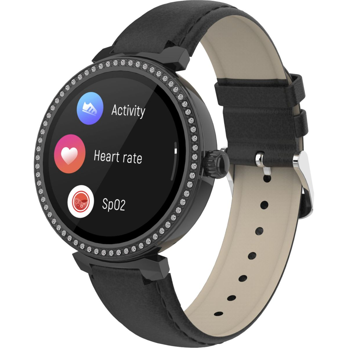 Schwarze Smartwatch mit rundem Zifferblatt. Zeigt Aktivität, Herzfrequenz und SpO2. Schwarzes Lederarmband ist angebracht.