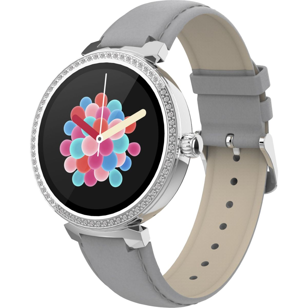 Eine silberne Uhr mit grauem Lederarmband. Das Zifferblatt zeigt bunte Kreise und Punkte.