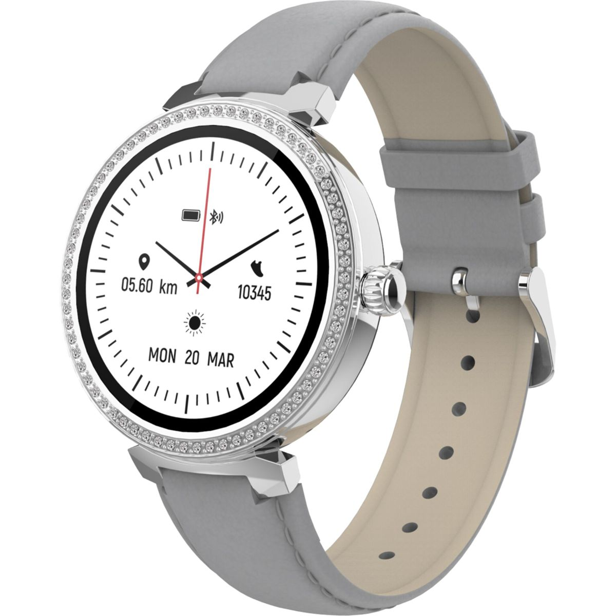 Eine silberne Smartwatch mit rundem Zifferblatt, grauem Armband und Diamantlünette. Das Zifferblatt zeigt Zeit, Datum und Stats.