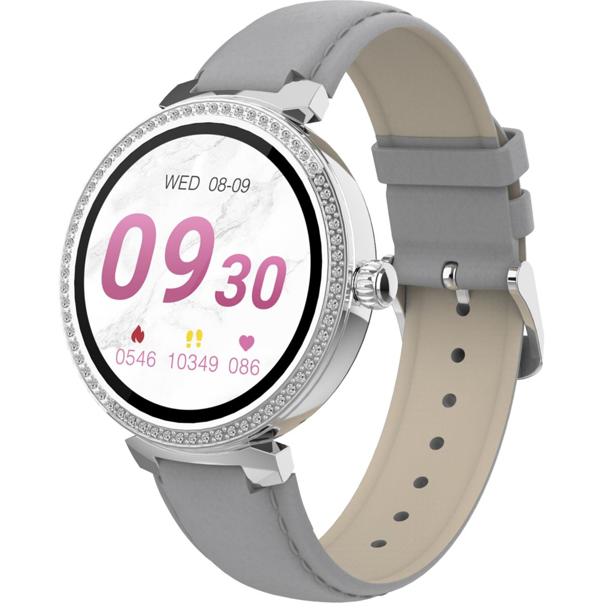 Smartwatch mit grauem Armband und silbernem Gehäuse, zeigt Datum, Uhrzeit und Gesundheitswerte.