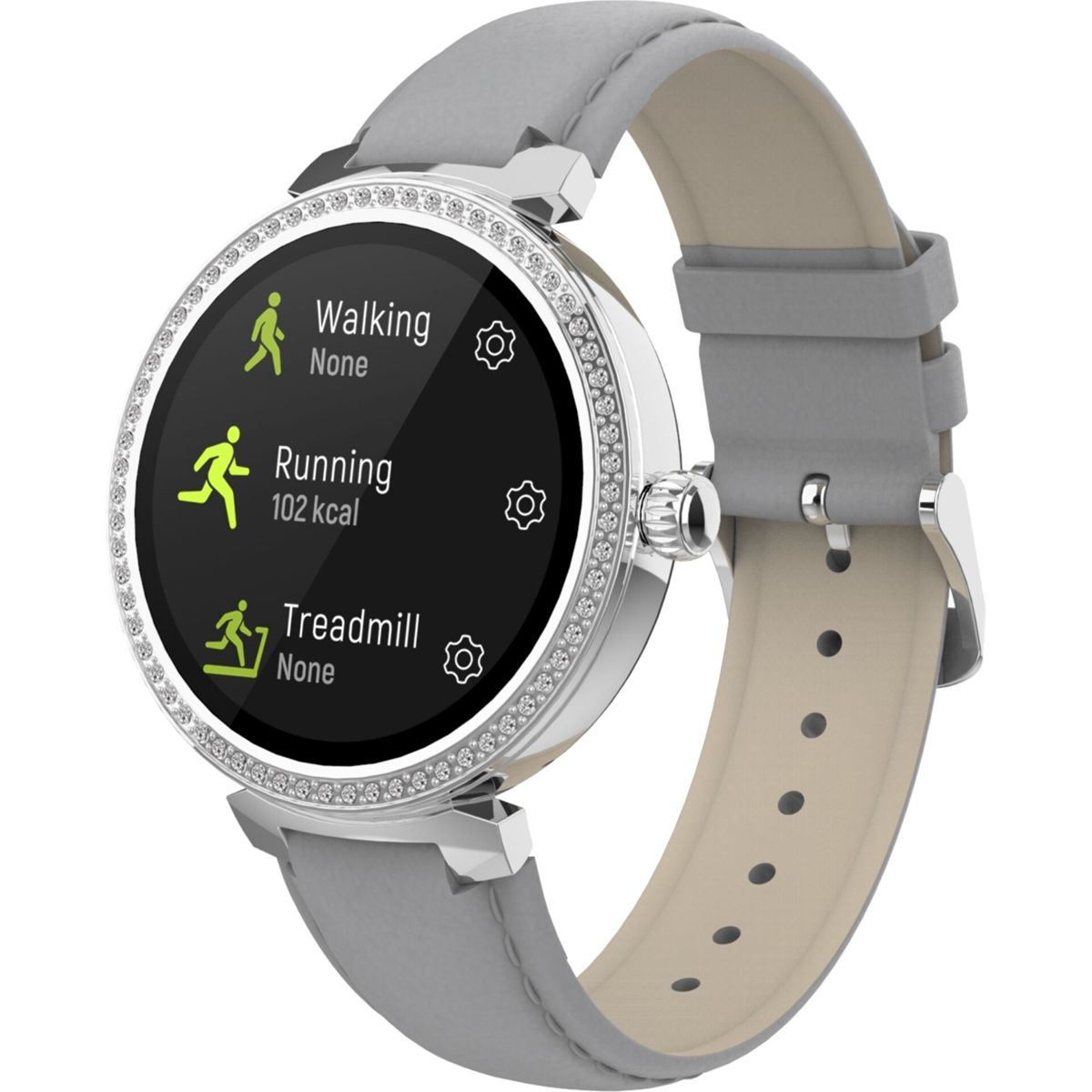 Silberne Smartwatch mit grauem Armband, zeigt Fitness-Tracking-Informationen.