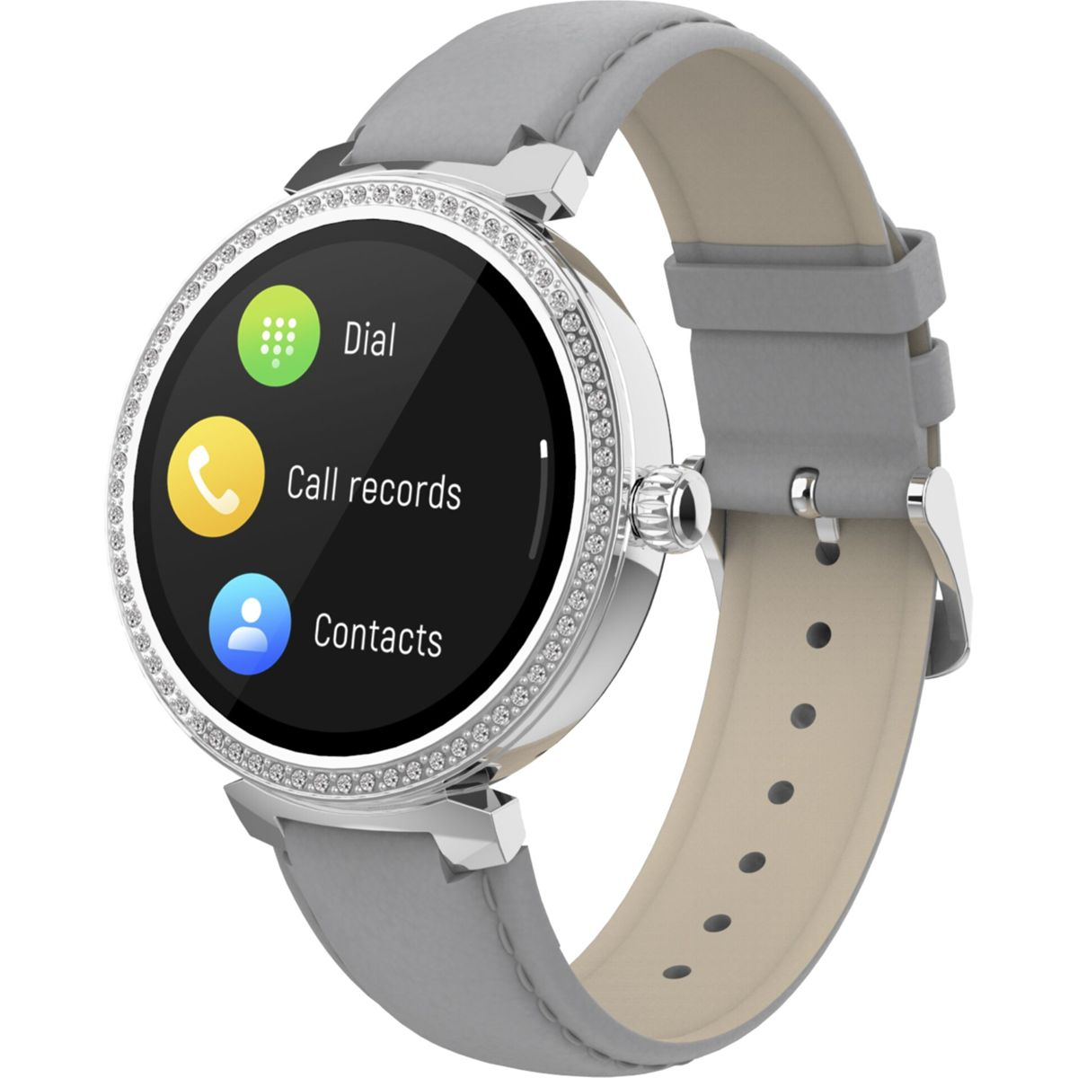Eine Smartwatch mit grauem Armband, rundem Zifferblatt mit Symbolen für Wählen, Anruflisten und Kontakte.