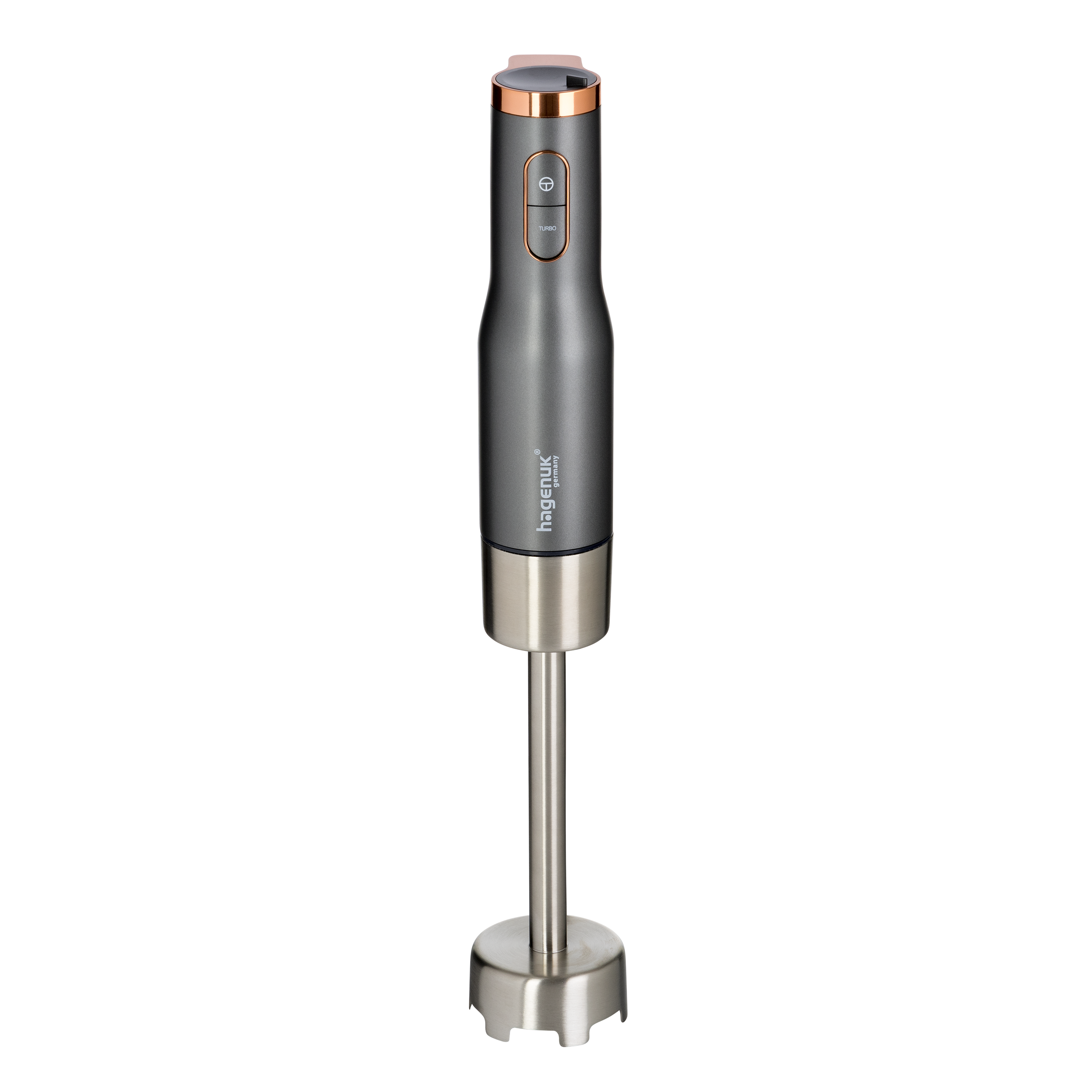 Ein grauer Stabmixer mit Silber- und Kupferakzenten auf schwarzem Hintergrund.