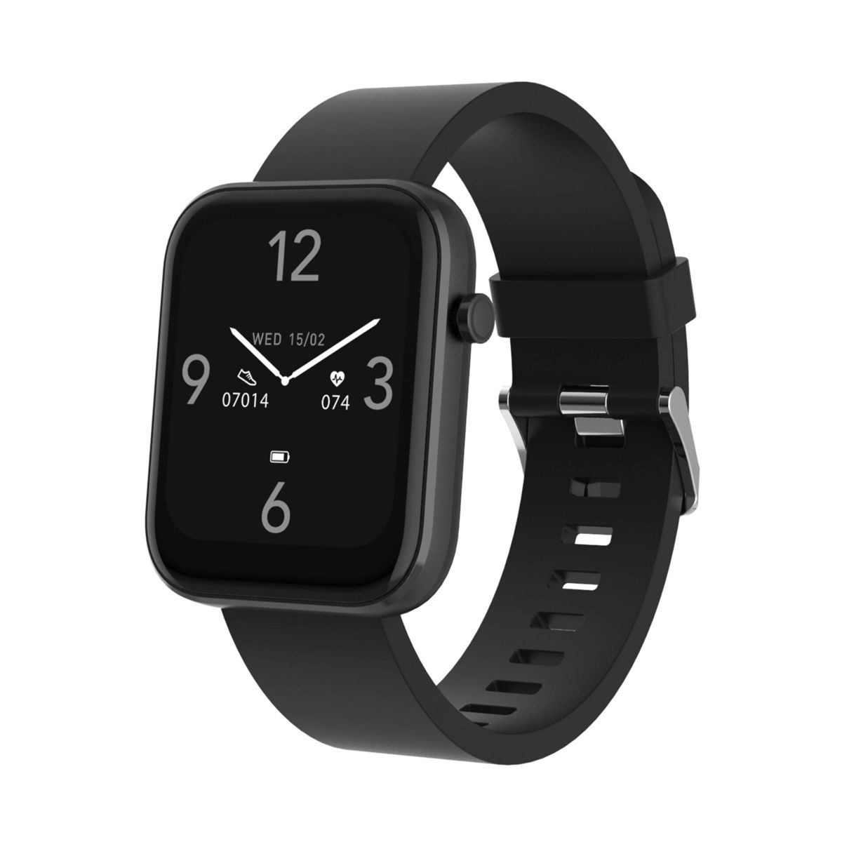 Smartwatch nero con cinturino nero che mostra l'ora.
