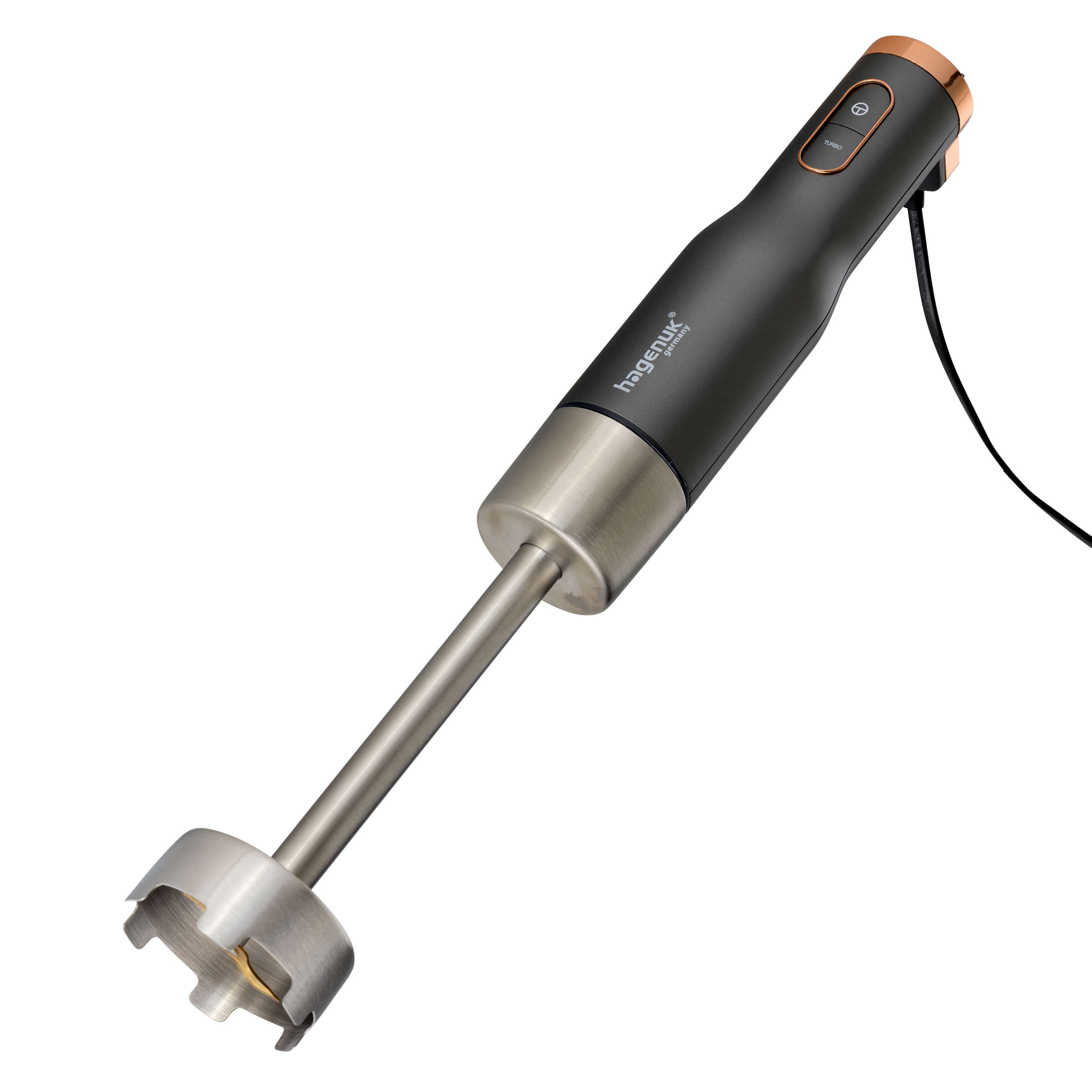 Schwarzer und silberner Stabmixer mit Metall-Mixkopf. Schwarzer Hintergrund.