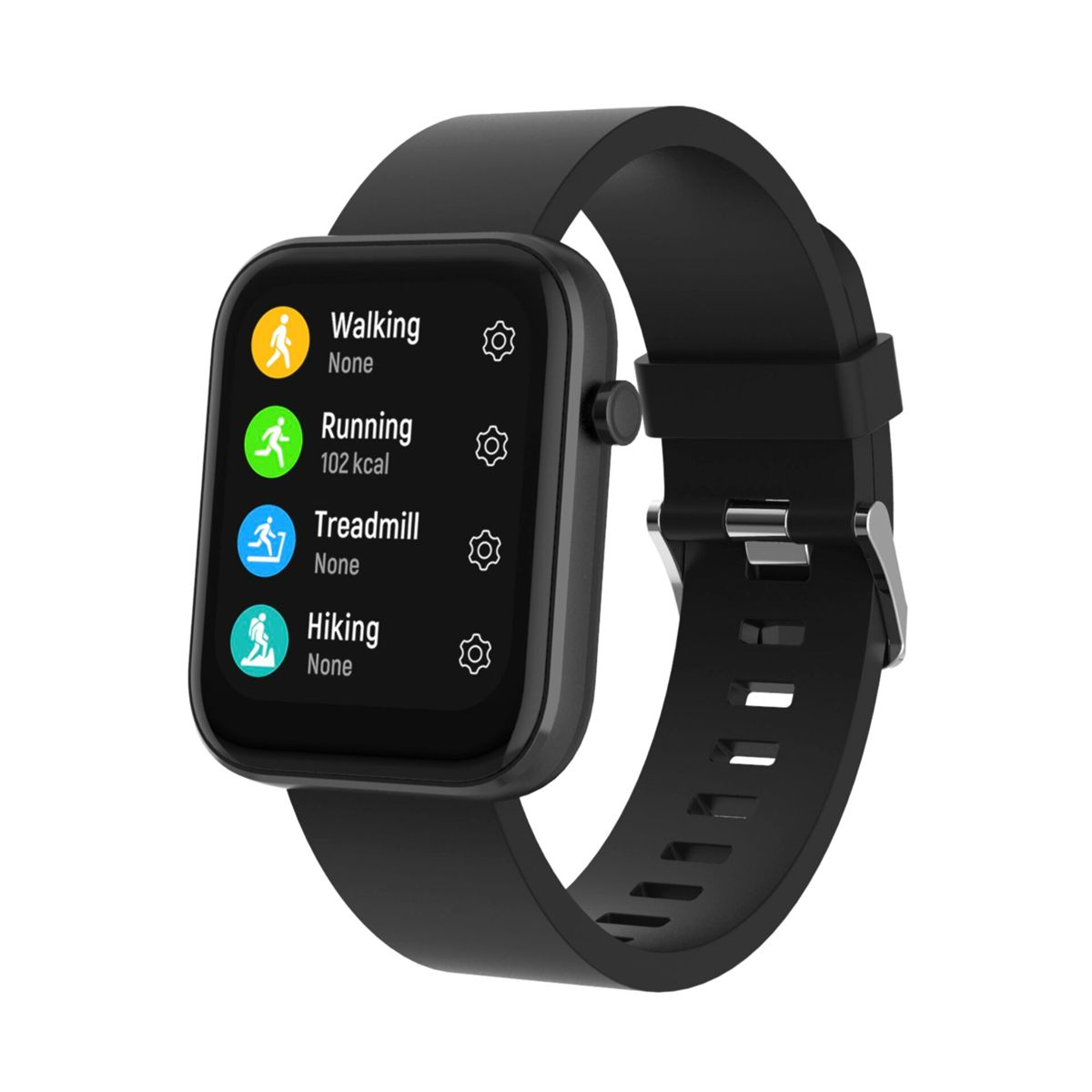 Smartwatch nero che mostra dati di attività: camminare, correre, tapis roulant e fare escursioni.