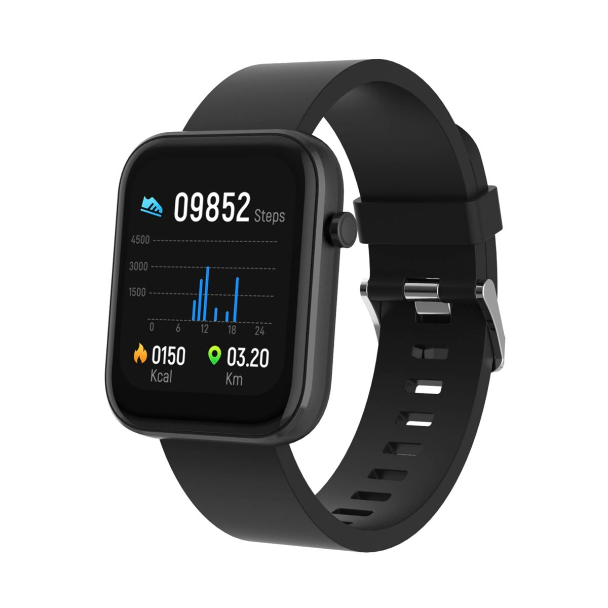 Smartwatch nero che mostra il conteggio dei passi, le calorie e la distanza. Cinturino nero, sfondo bianco.