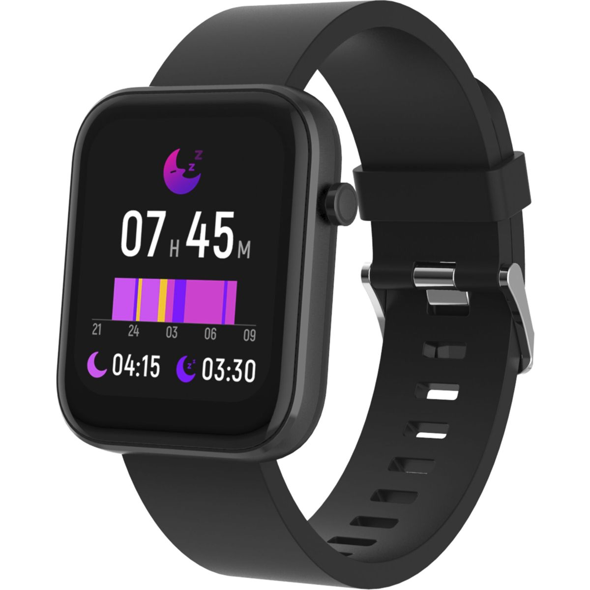 Smartwatch nero con cinturino nero, mostra ora e metriche di attività.