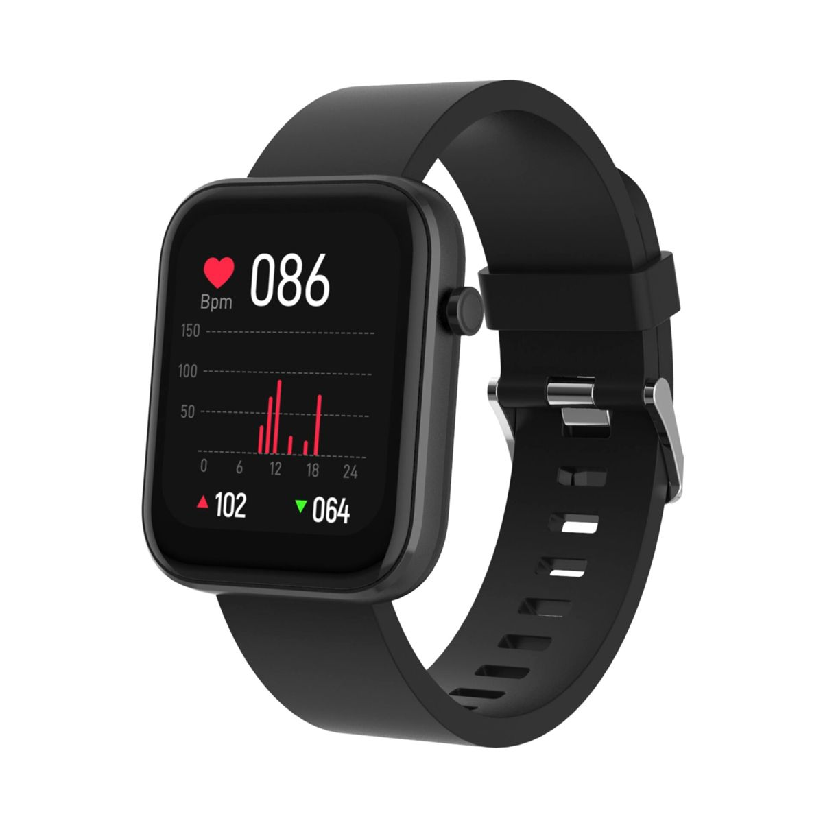 Uno smartwatch nero che mostra la frequenza cardiaca e i dati sull'attività, con cinturino nero e sfondo bianco.
