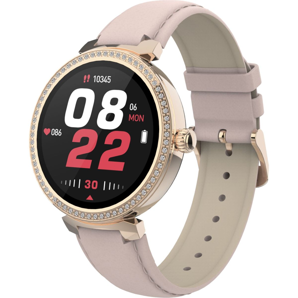 Eine Smartwatch mit pinkfarbenem Armband und einem schwarzen Bildschirm, der die Zeit und andere Daten anzeigt.