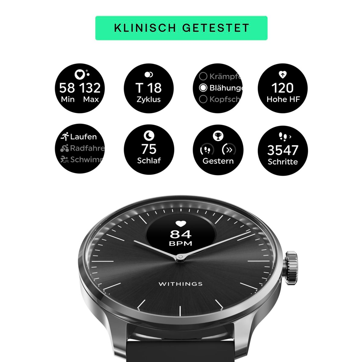 Czarny smartwatch wyświetlający dane zdrowotne: tętno, kroki, sen i śledzenie aktywności, z czarnym paskiem.