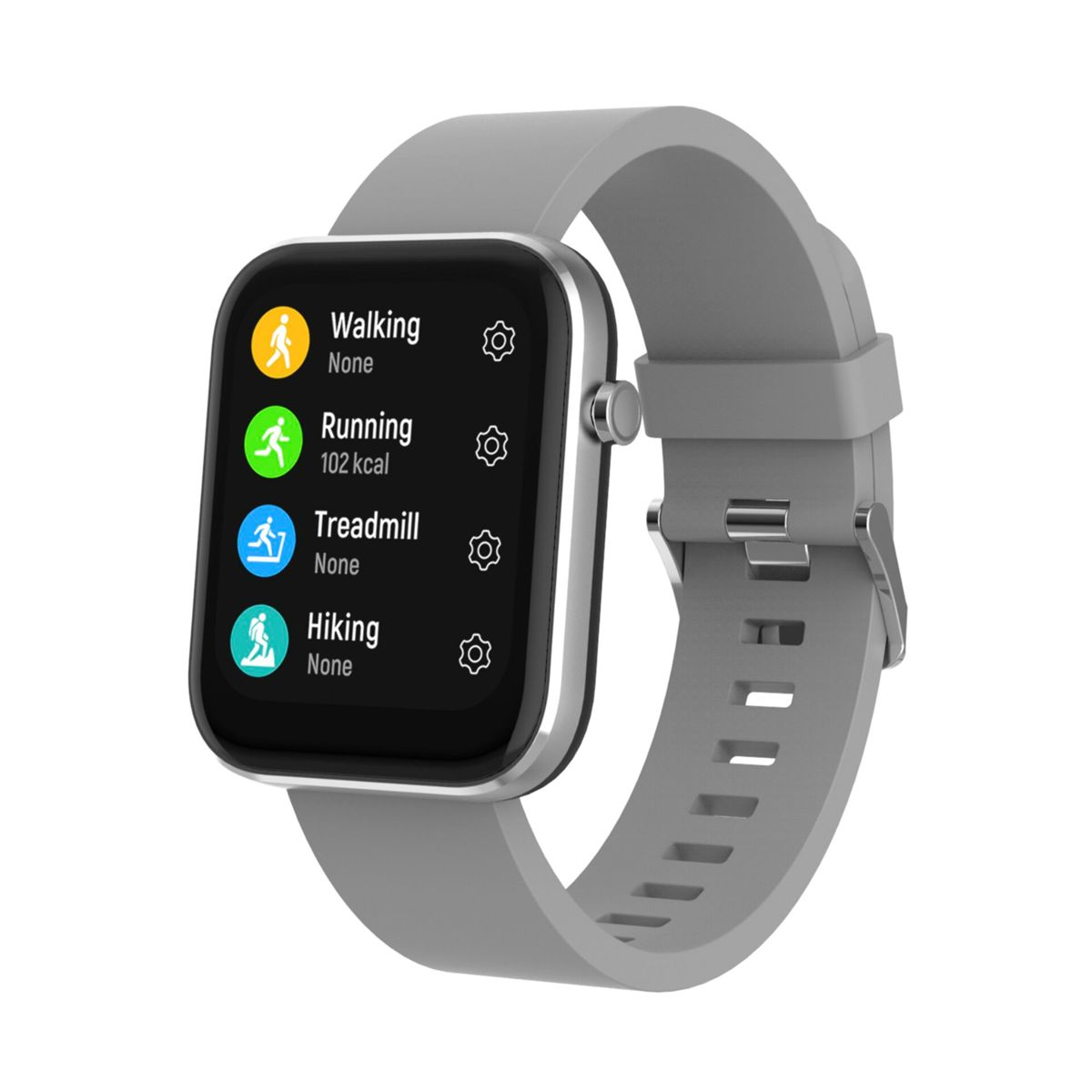 Eine graue Smartwatch, die Aktivitätsoptionen anzeigt: Gehen, Laufen, Laufband, Wandern.