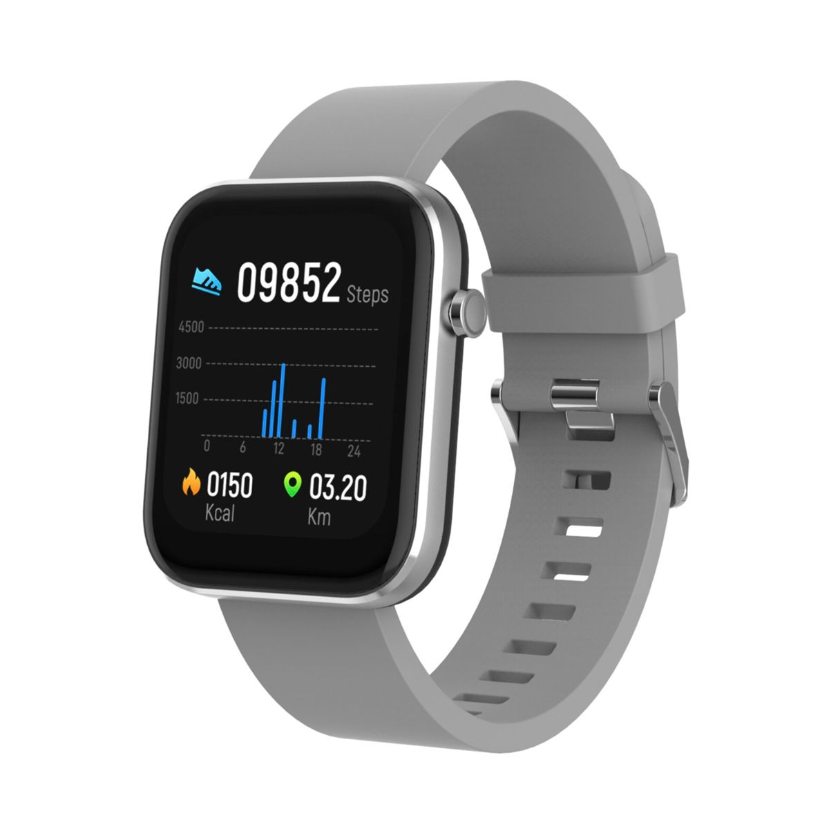 Smartwatch mit grauem Armband, zeigt Schritte, Kalorien und Distanz an.