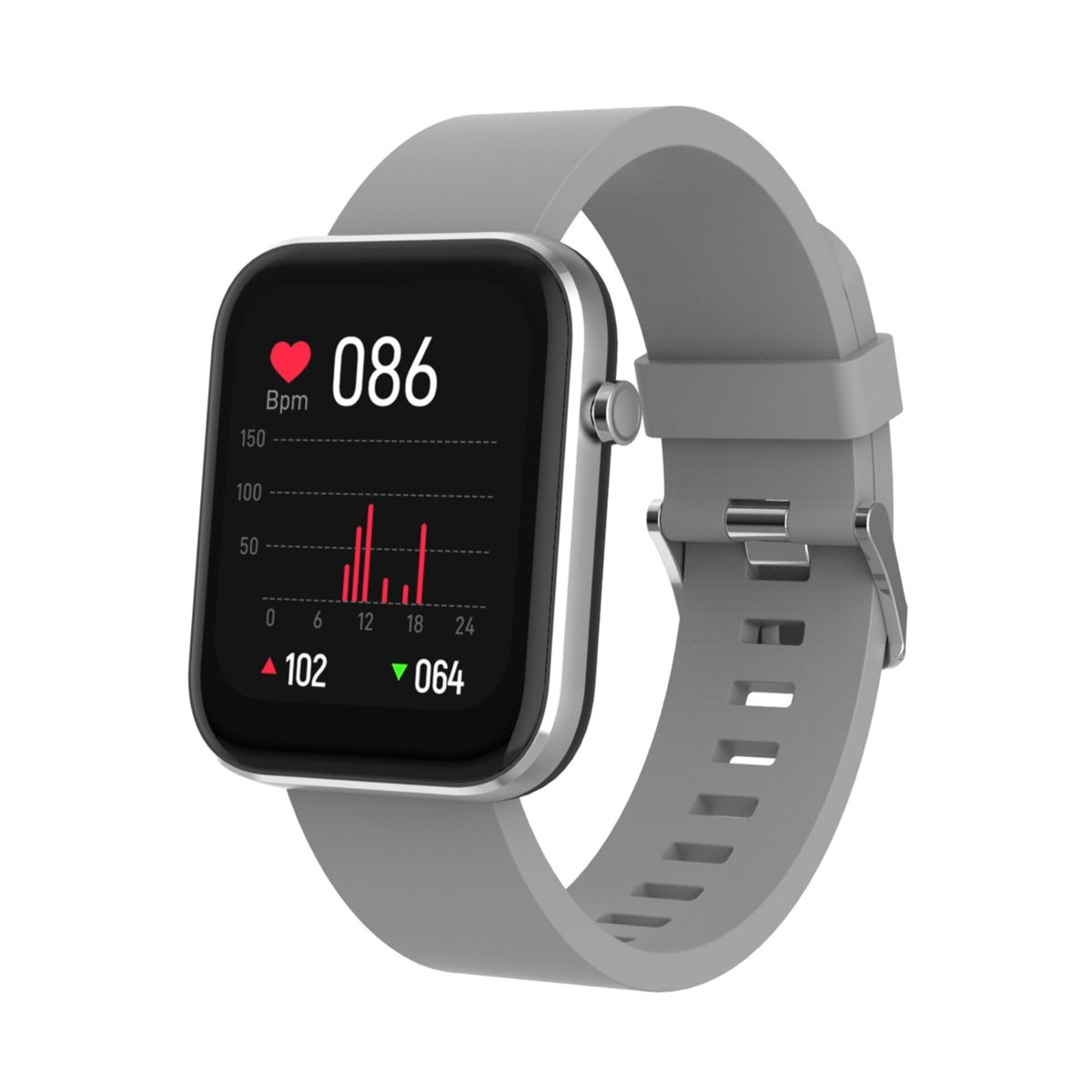 Eine graue Smartwatch mit Herzfrequenzanzeige. Die Uhr befindet sich auf weißem Hintergrund.