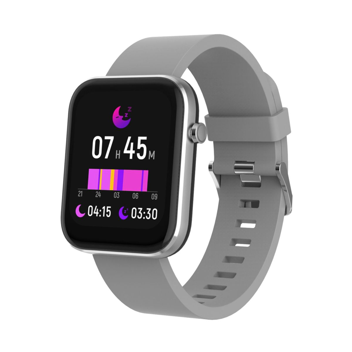 Eine Smartwatch mit grauem Armband, die Zeit und Aktivitätsdaten anzeigt, vor weißem Hintergrund.