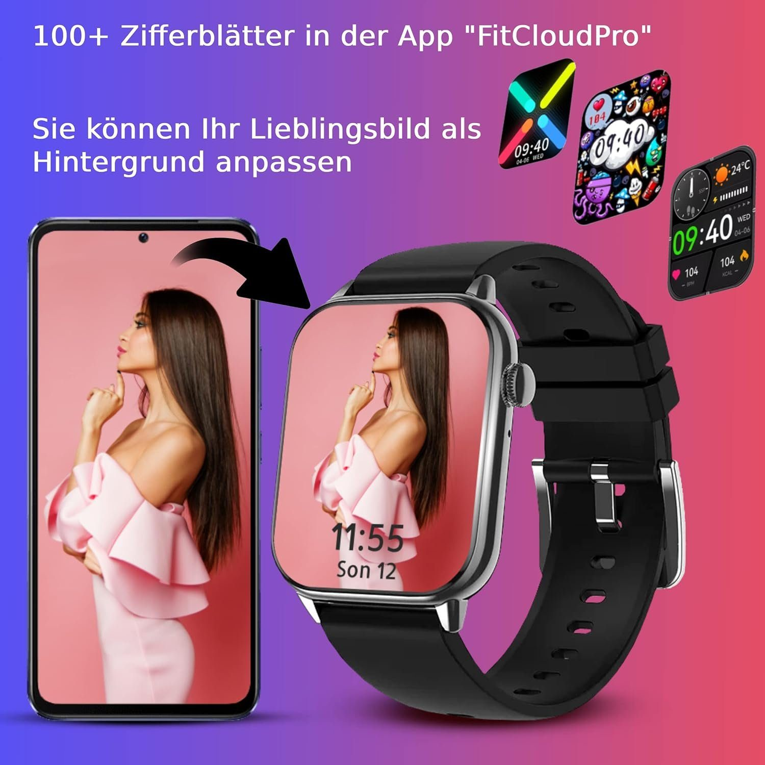 DINITECH Fitness Tracker Sportuhr 1x Smartwatch Armbänd Legierung Armbanduhr Schwarz Silikon