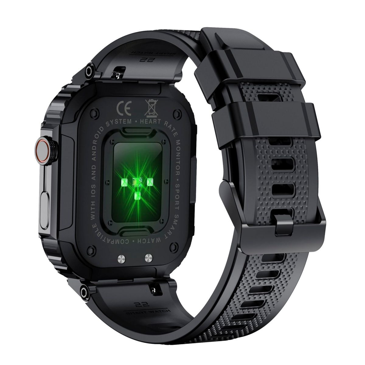 Black smartwatch with a black strap, showing the back with a heart rate sensor. Black background.